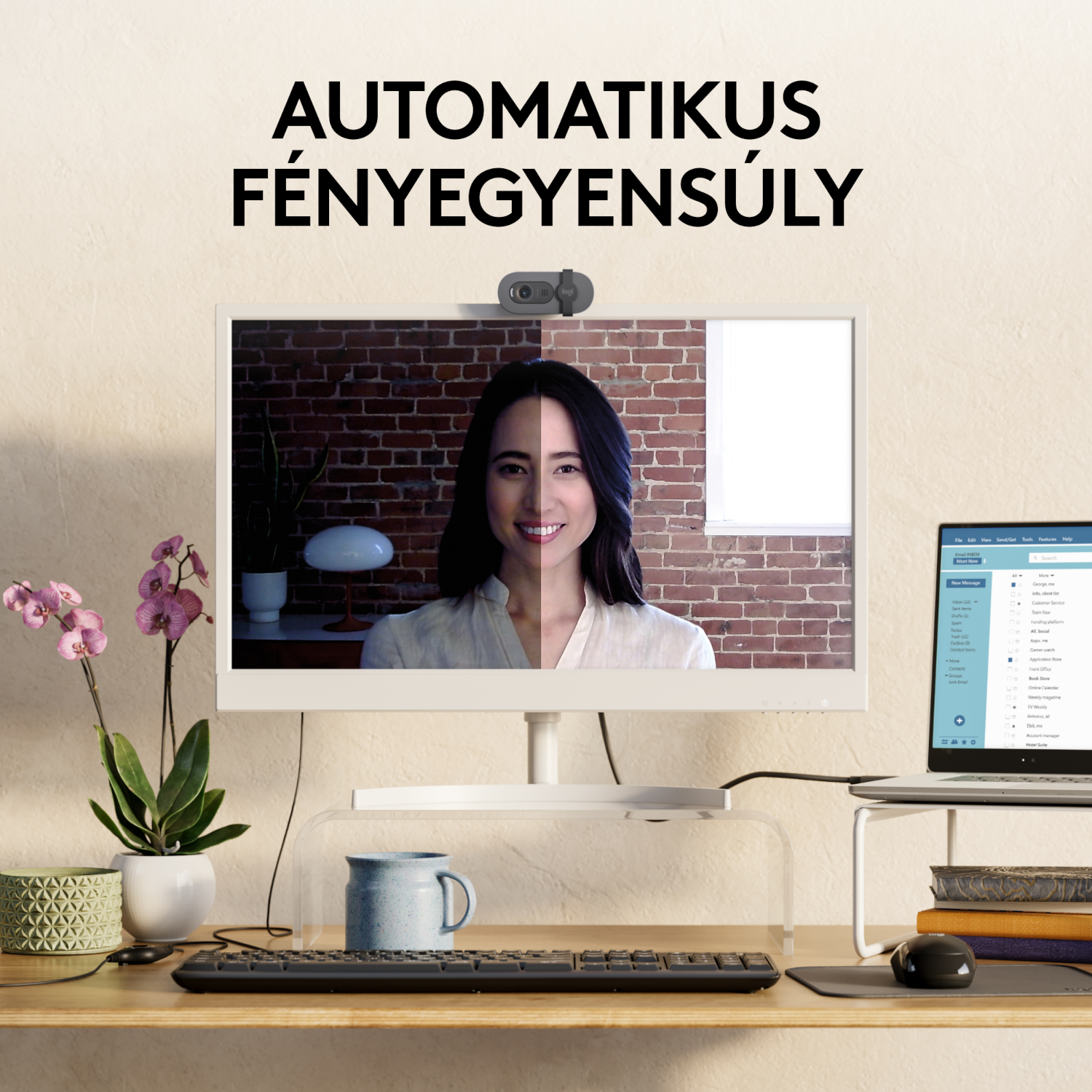 Nő a monitoron; webkamera felül; laptop, billentyűzet és asztali tárgyak.