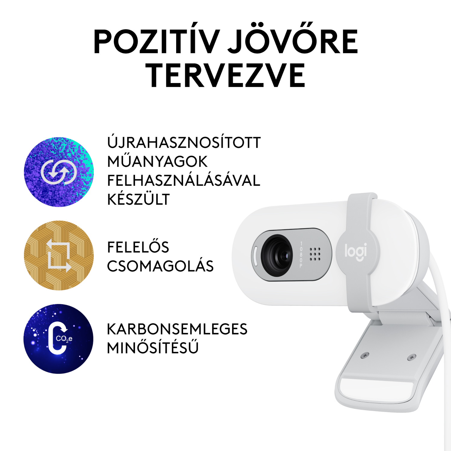 Fehér webkamera szürke részletekkel, magyar felirattal.
