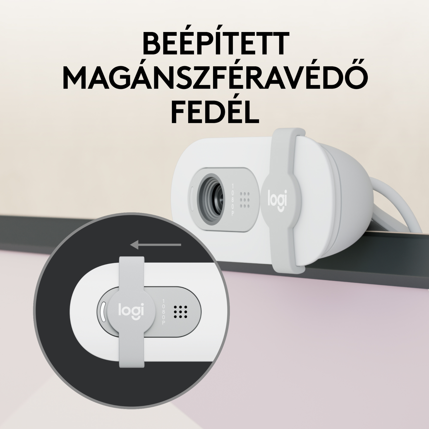 Egy webkamera adatvédelmi fedéllel. Egy nyíl mutatja a fedél csúszását.