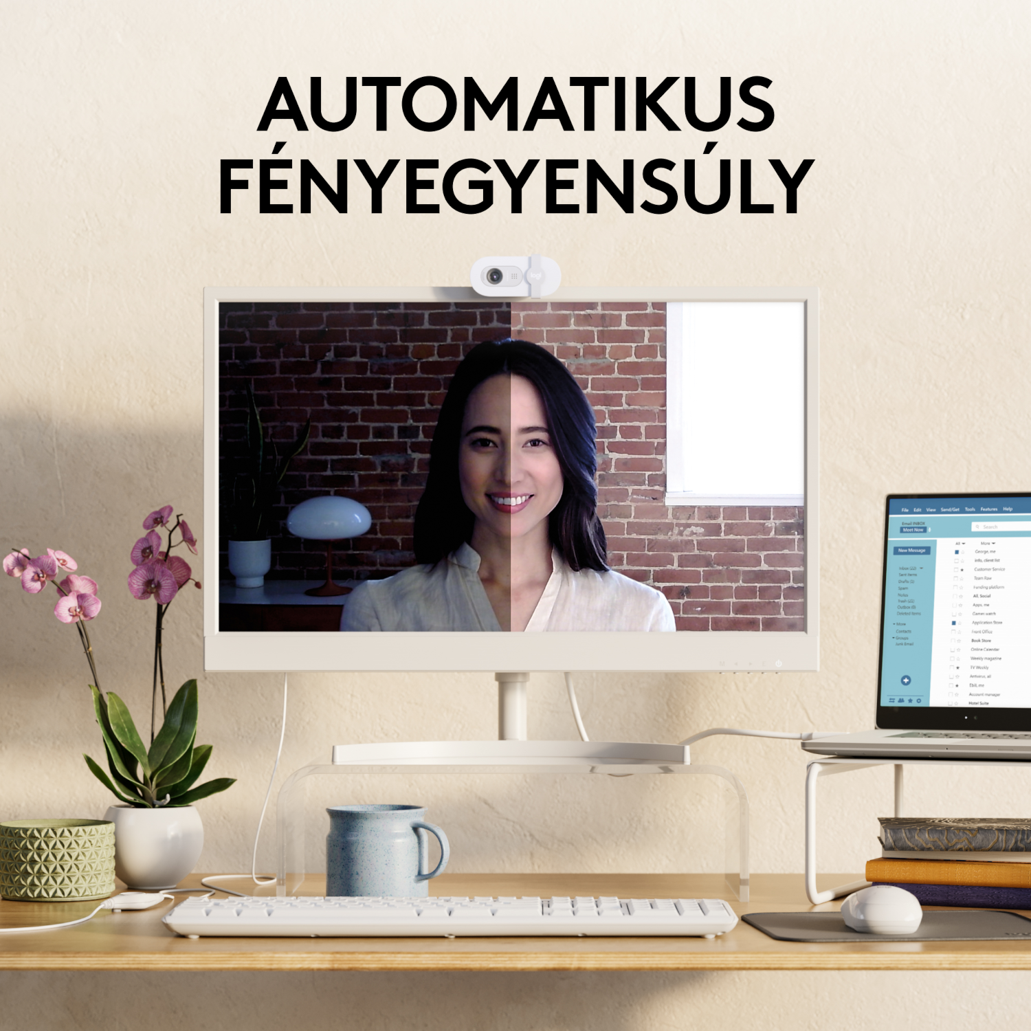 Egy nő a monitor előtt billentyűzettel, osztott képernyő effektussal.