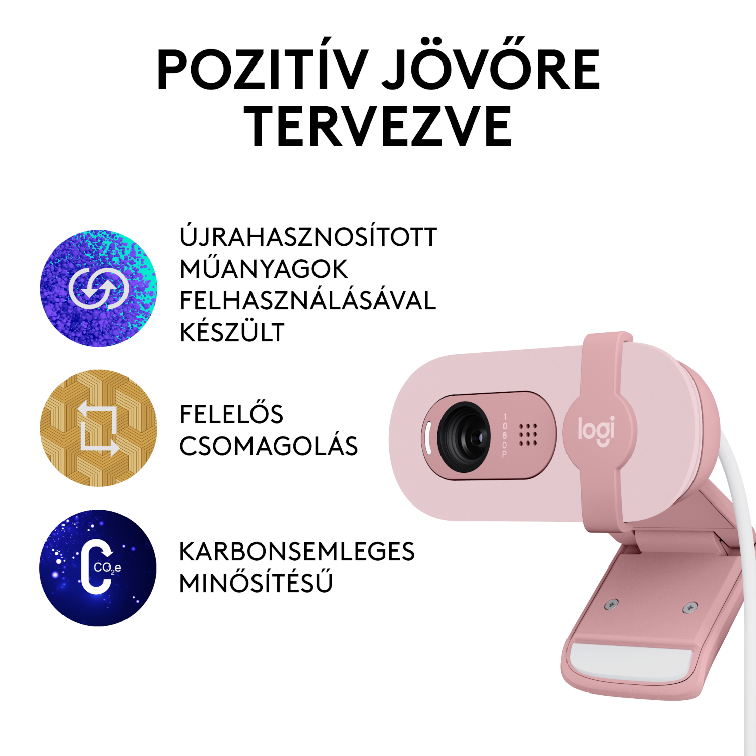 Rózsaszín Logitech webkamera szöveggel és három információs ikonnal.