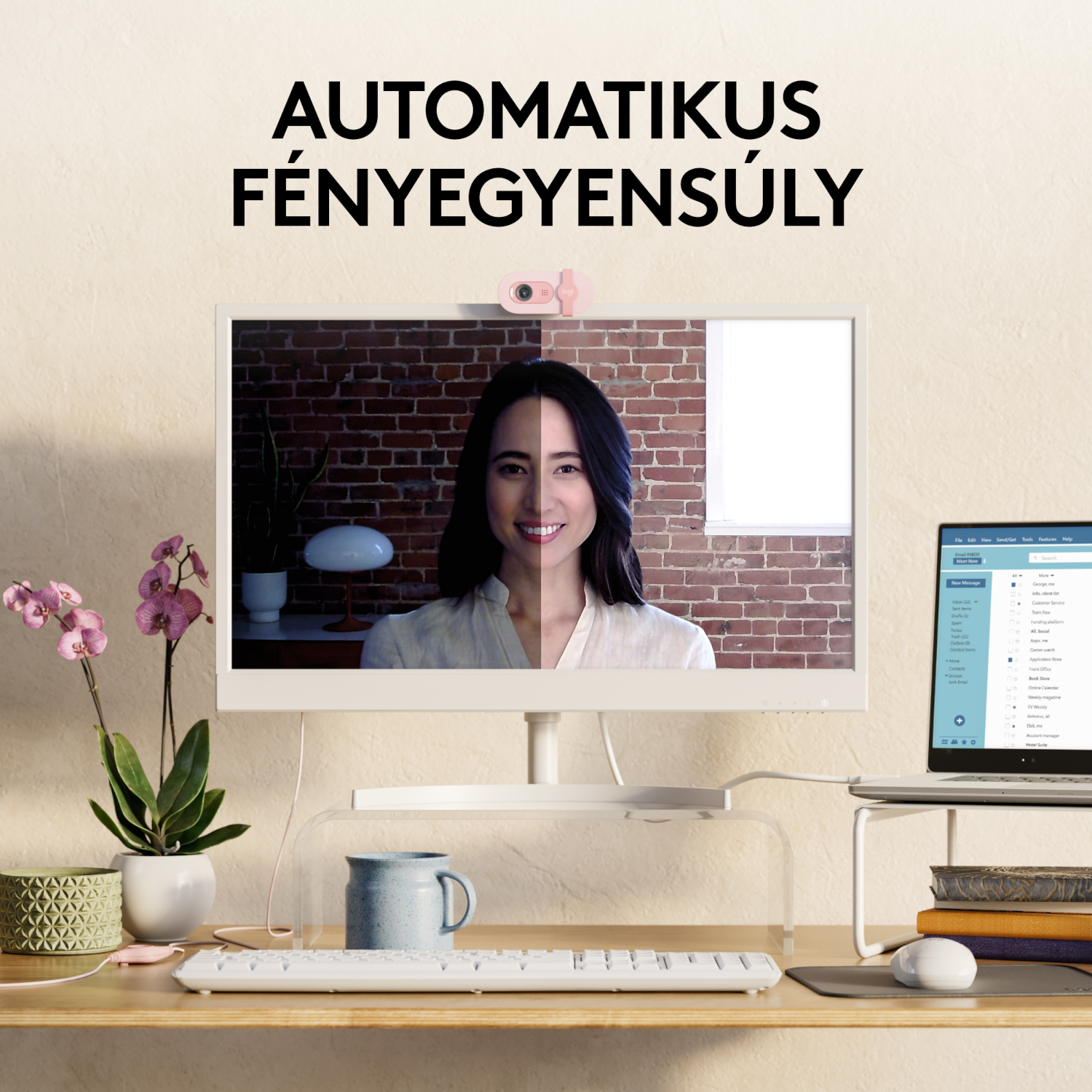 Nő egy monitor előtt, osztott képernyő, világos és sötét.