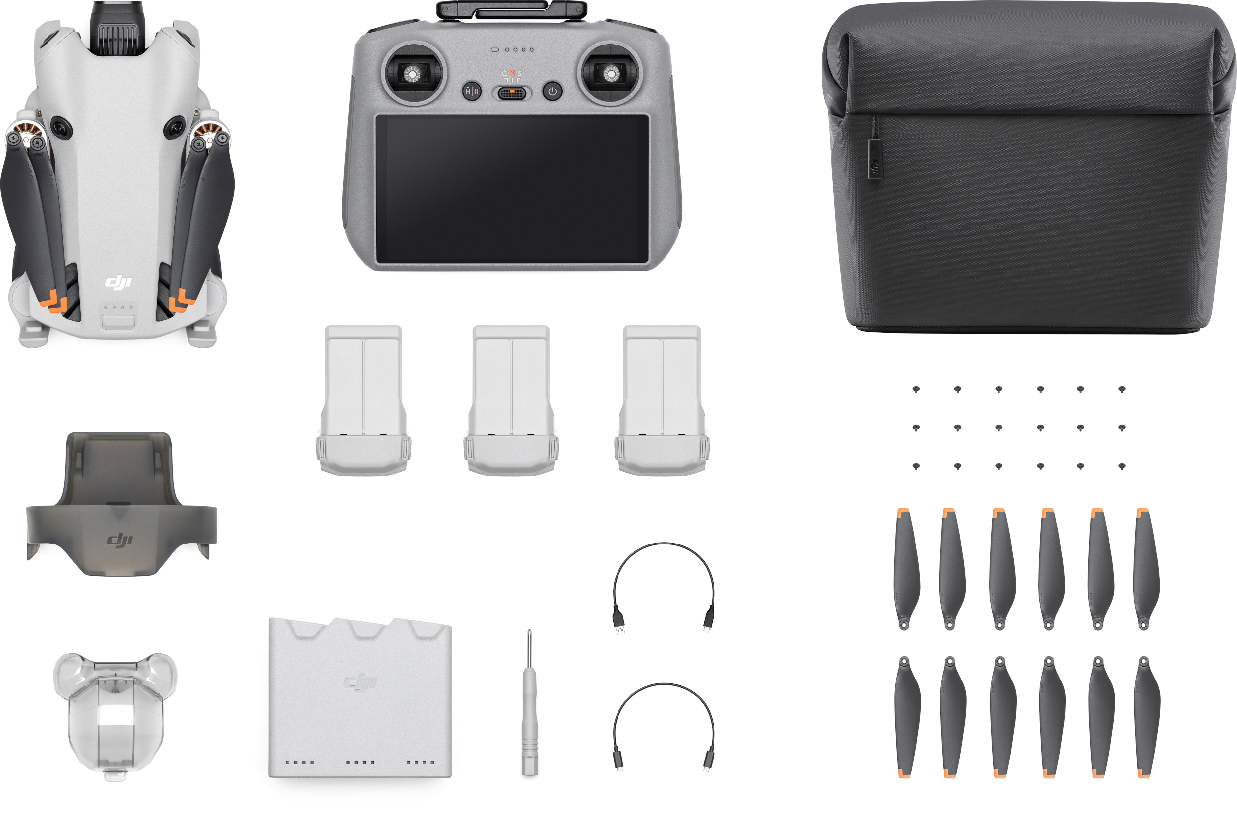 DJI Mini 3 Pro Drohne mit Zubehör. Enthält Drohne, Fernbedienung, Batterien, Ladegerät und Ersatzteile.