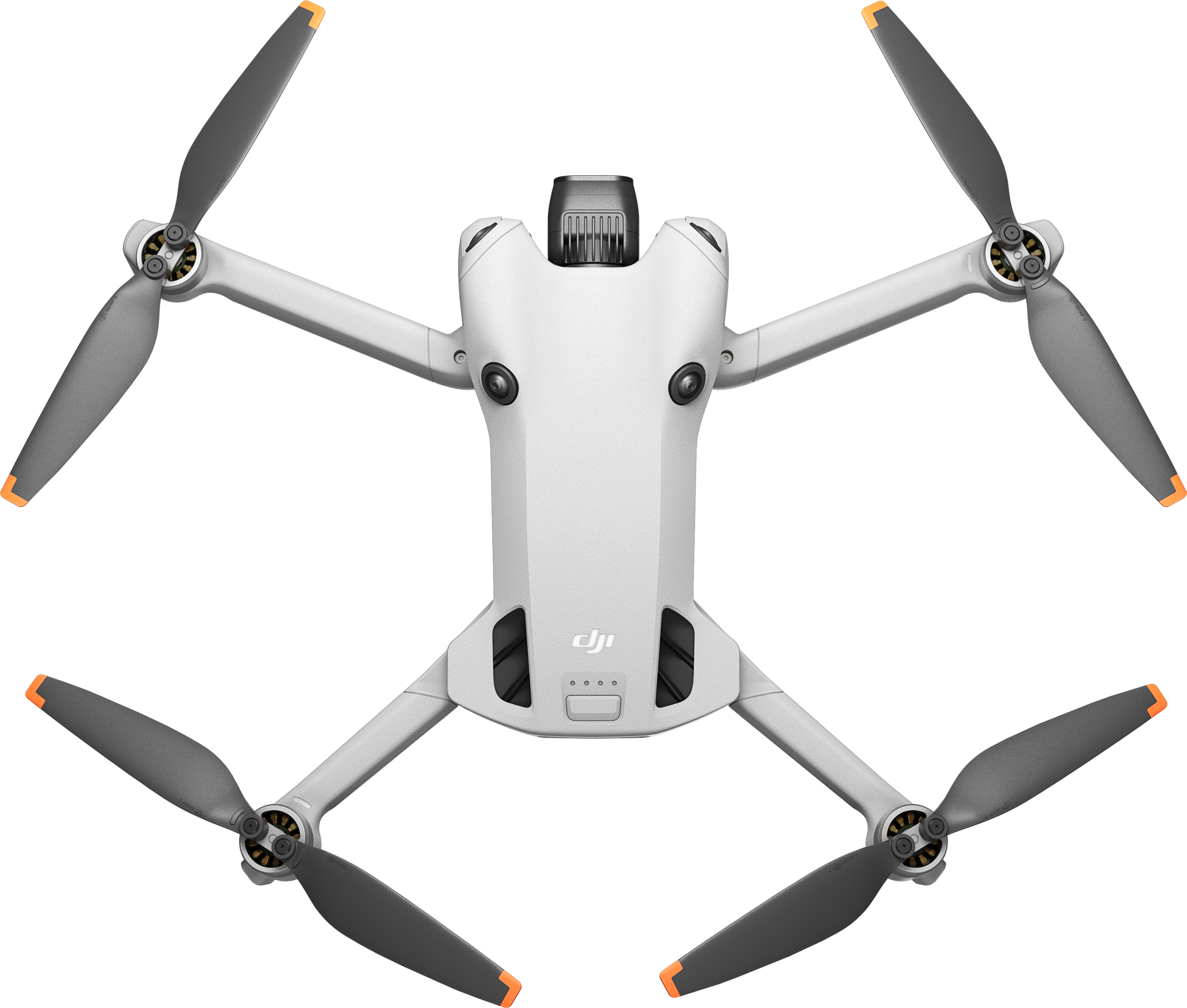 Weiße Drohne mit vier Propellern. Propeller haben orangefarbene Spitzen.
