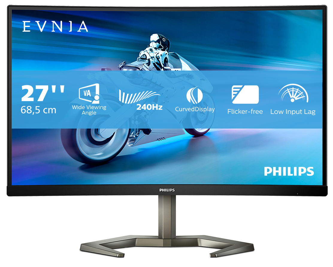 Gewölbter Computermonitor mit Texteinblendung: 27", VA, 240 Hz, Curved Display, Flicker-free, Low Input Lag.