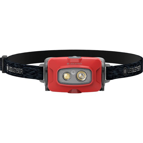 Piros LED fejlámpa két fénnyel. Fekete pánt LEDLENSER logóval.