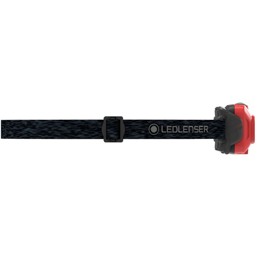 Ledlenser fejlámpa, fekete pánt, piros lámpa és Ledlenser logó.