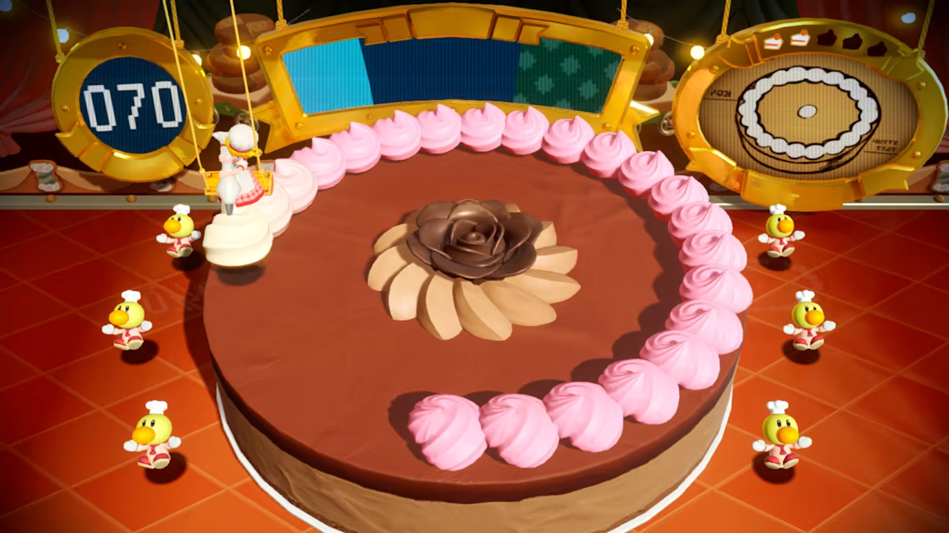 Szene eines Kuchendekorationsspiels mit großem Schokoladenkuchen, umgeben von Charakteren.
