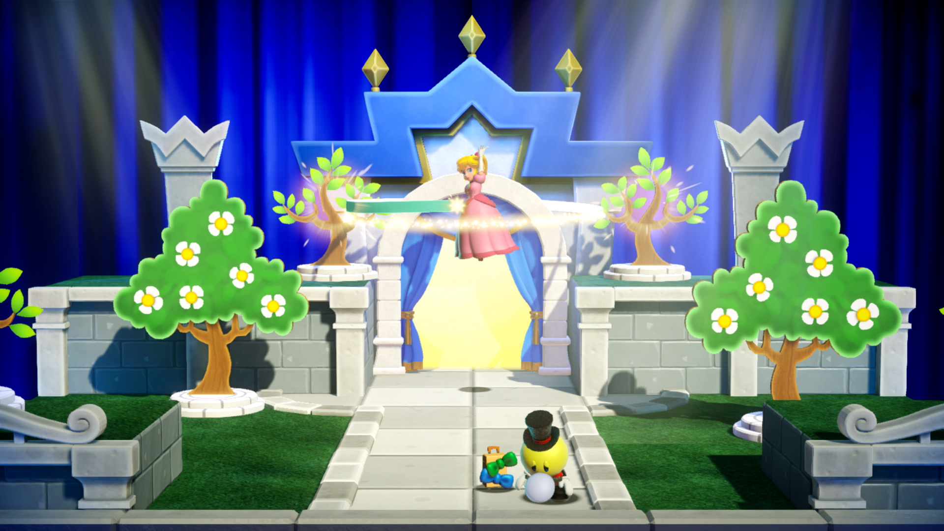 Eine Videospielszene zeigt eine Prinzessin auf einer Bühne, mit Bäumen und einem Schneemann, blauer Hintergrund.