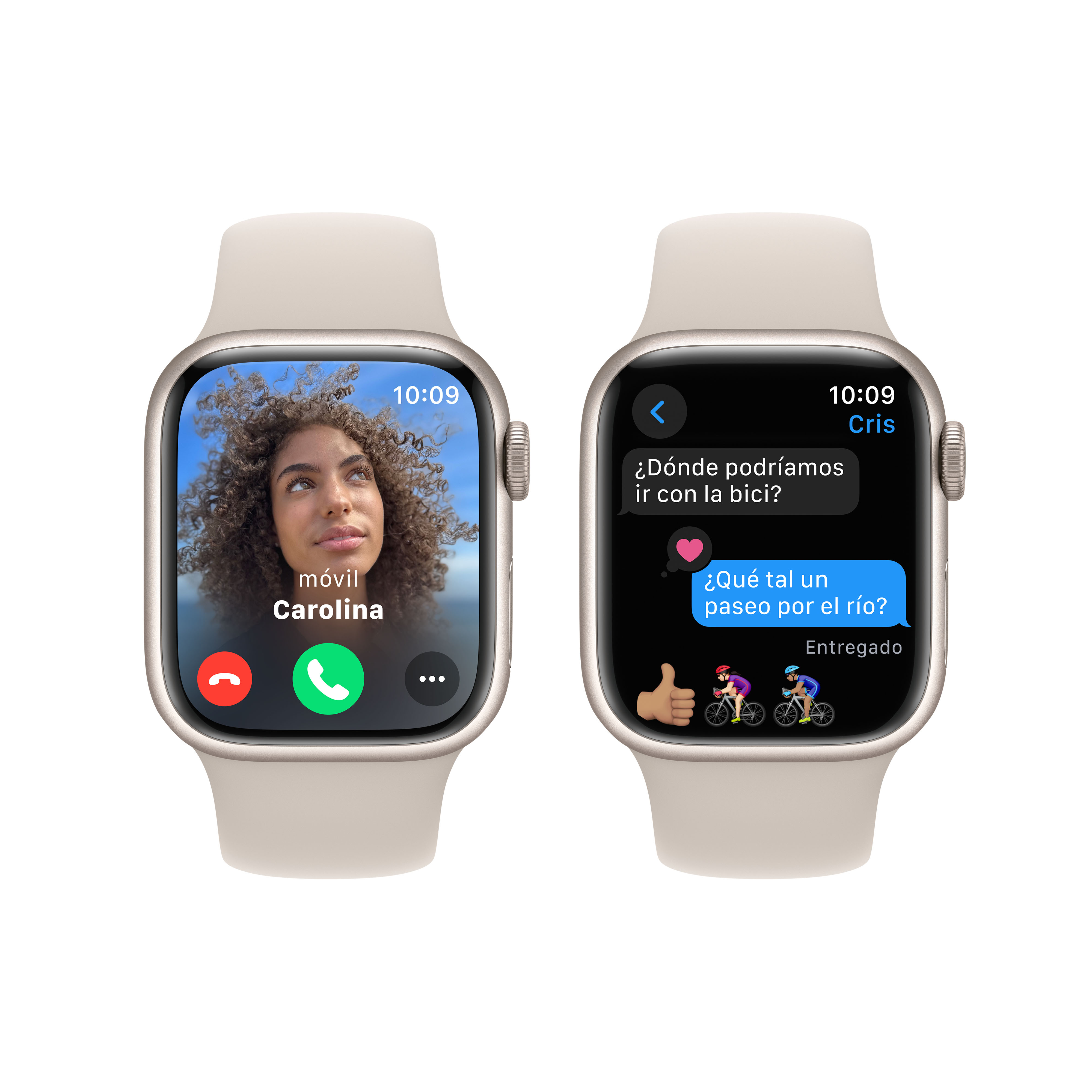 Dos smartwatches mostrando llamadas y textos; uno con Carolina.