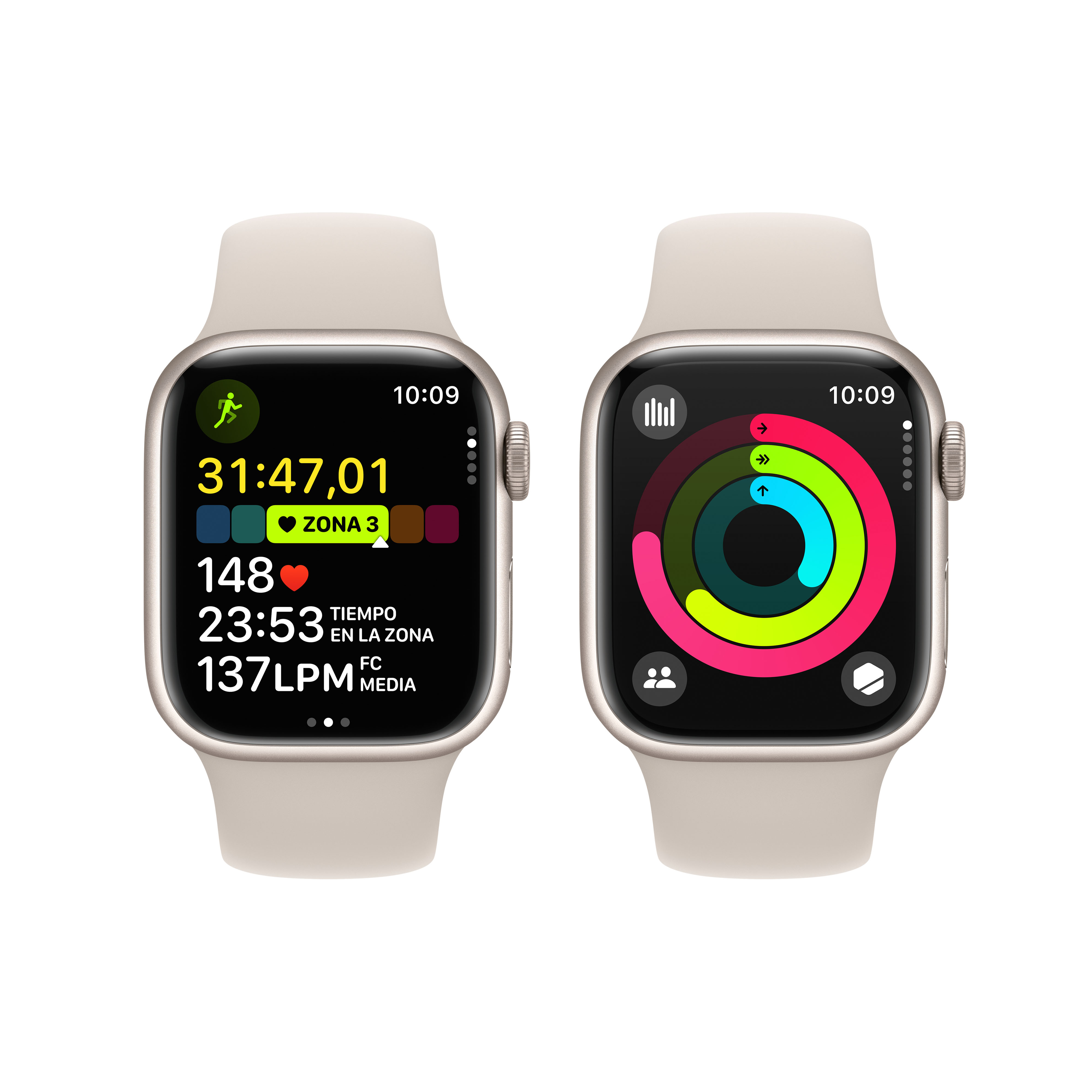 Dos Apple Watches lado a lado, mostrando datos de entrenamiento en sus pantallas.