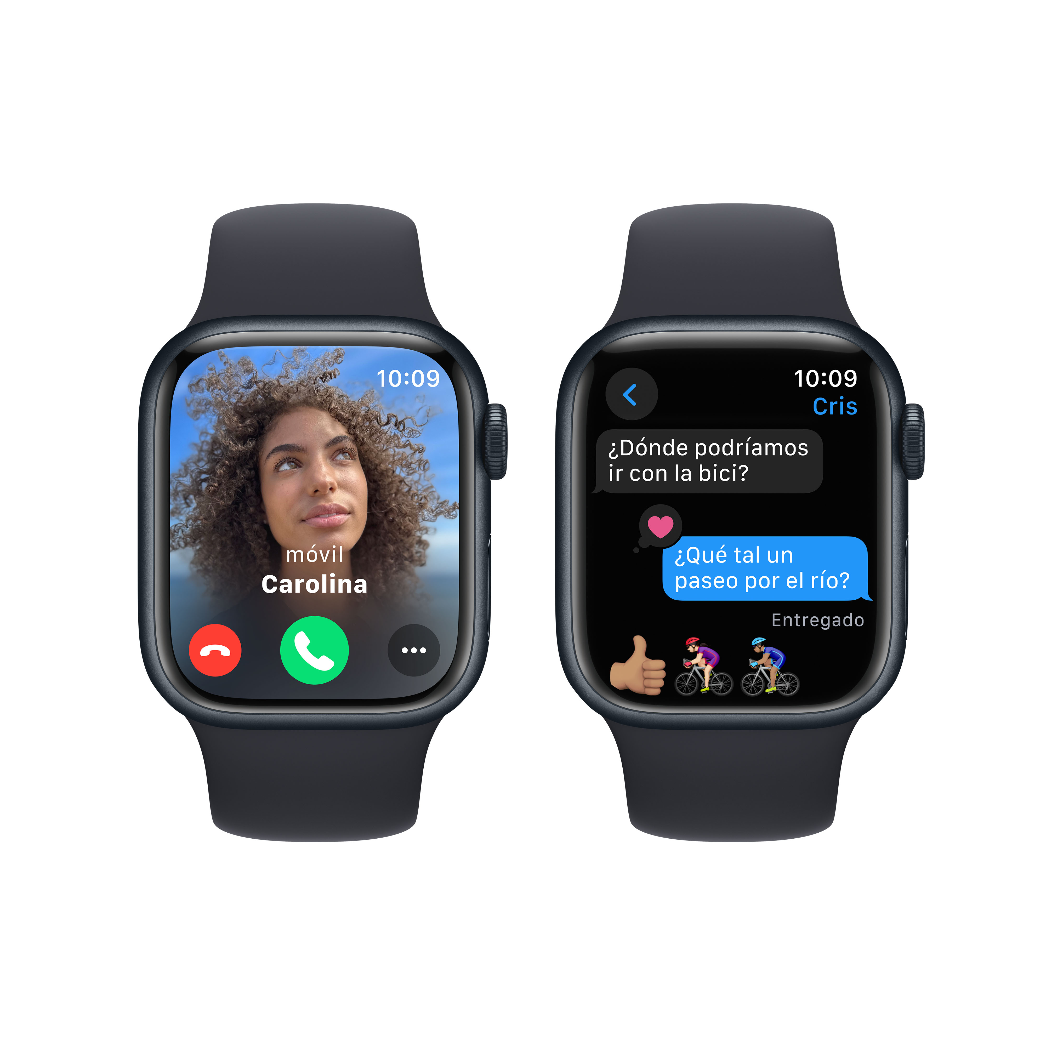Dos Apple Watches que muestran notificaciones de llamadas y texto.