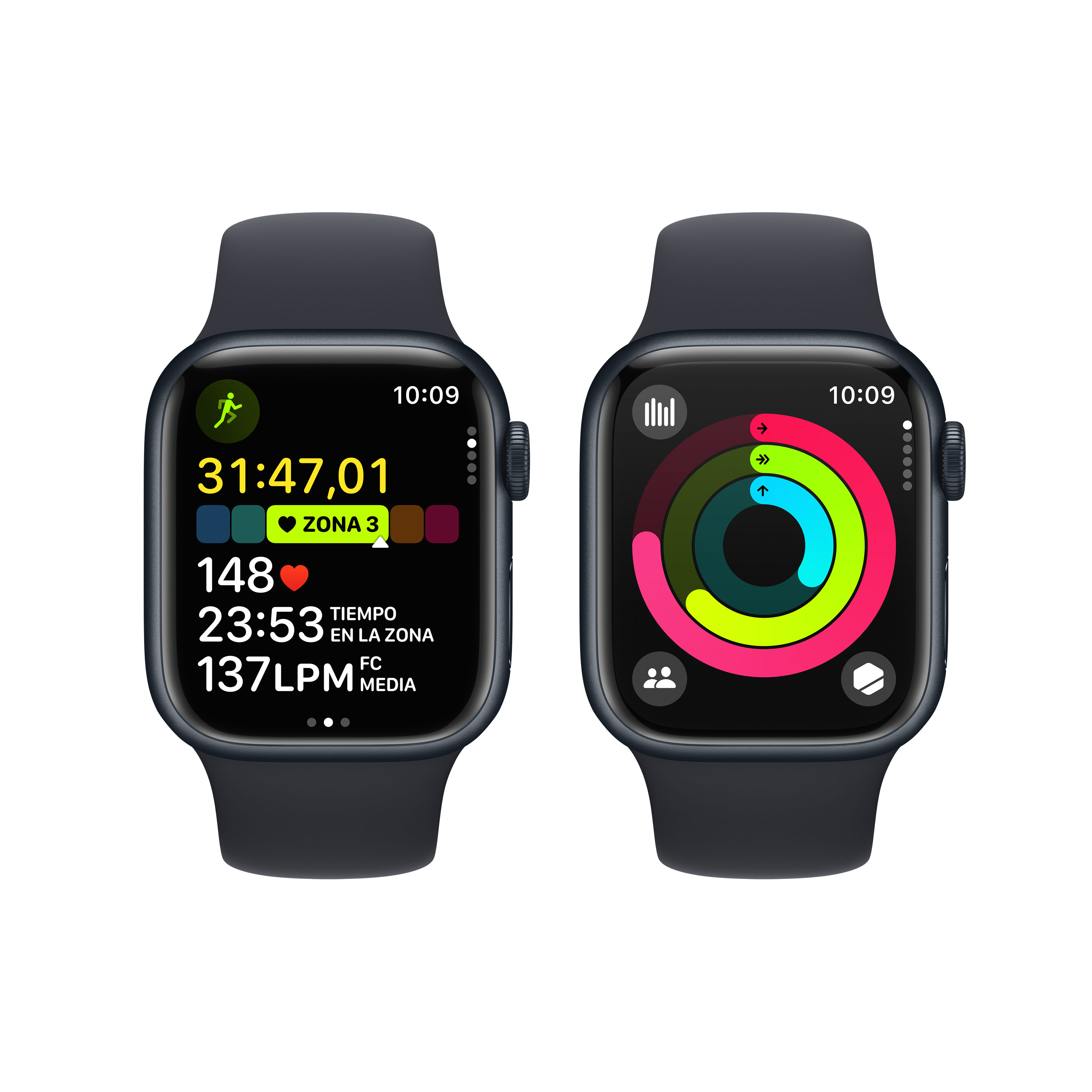 Dos smartwatches, uno muestra datos de actividad, el otro métricas.