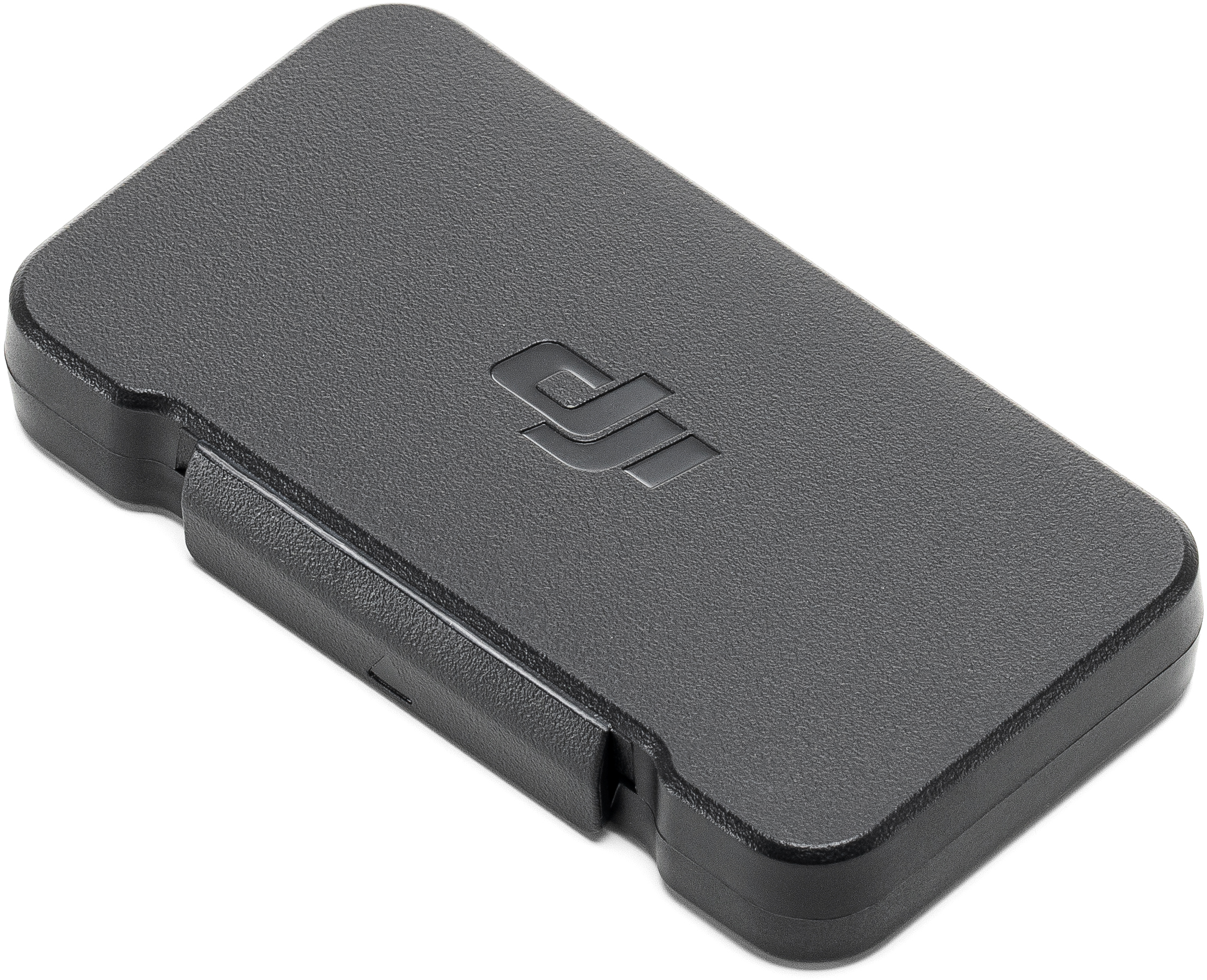 Eine schwarze, rechteckige Hülle mit DJI-Logo. Sie hat einen Klappdeckel und abgerundete Ecken.