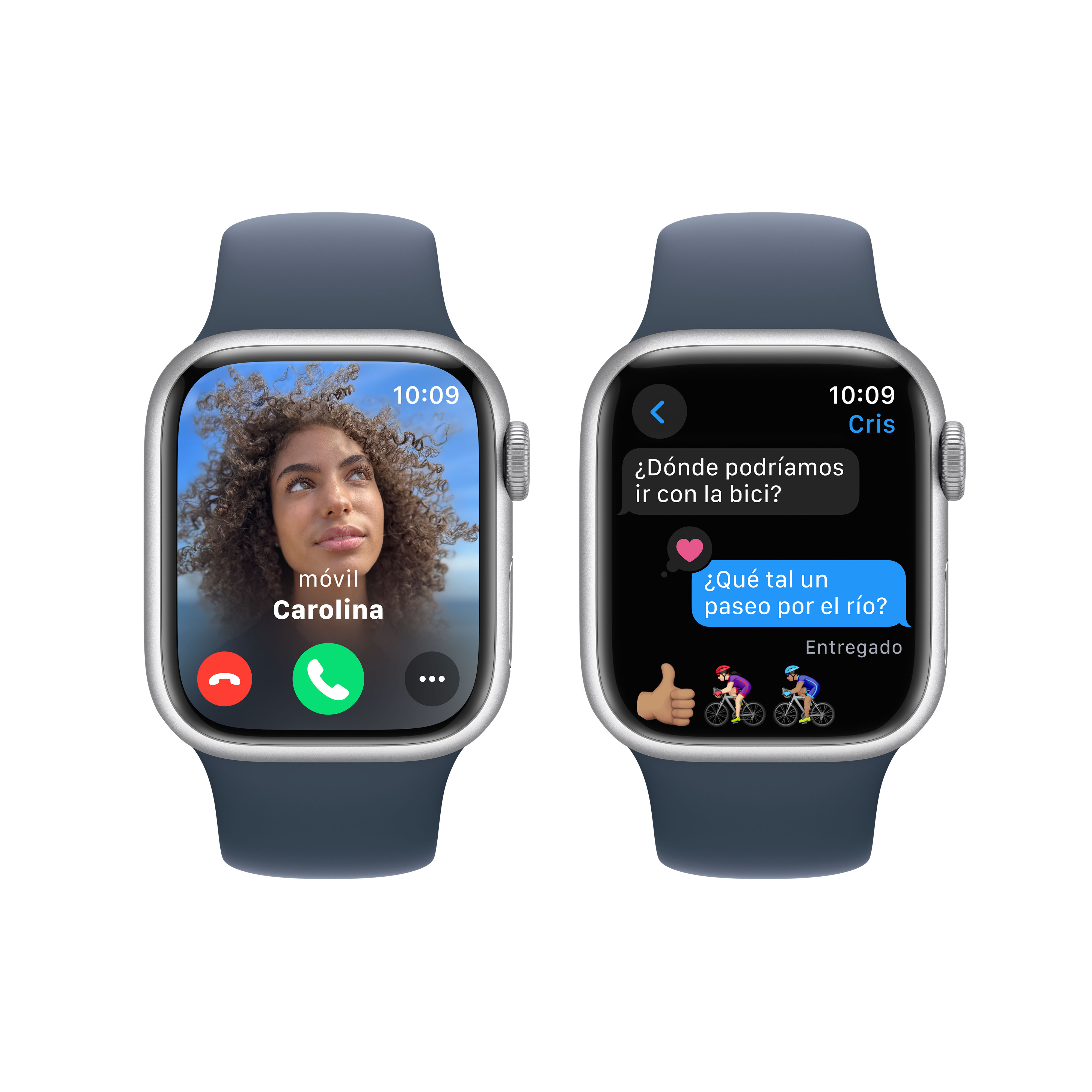 Dos smartwatches sobre un fondo blanco. Uno muestra una videollamada, el otro un mensaje de texto.