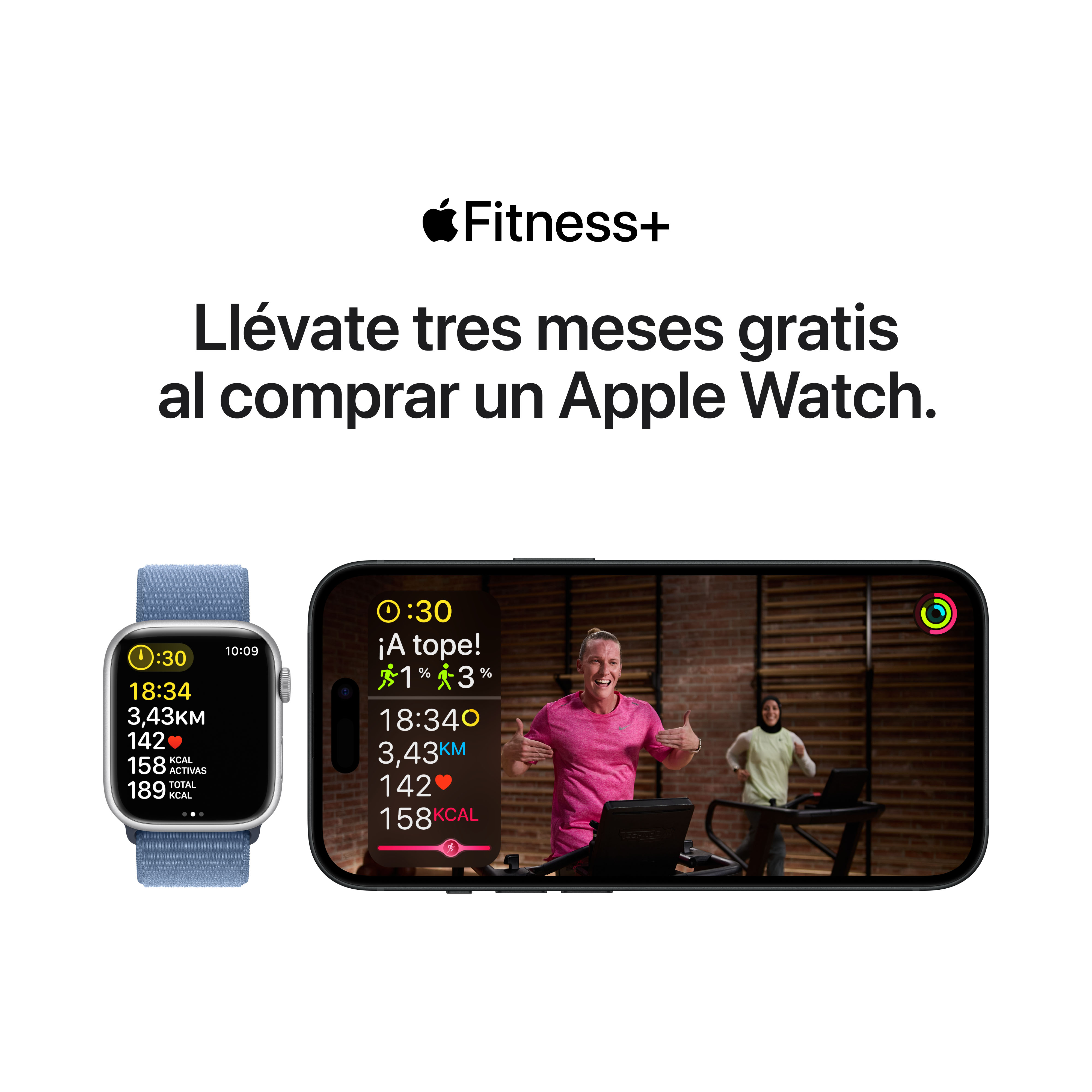 Apple Watch y teléfono con anuncio de Fitness+. Dos personas en cinta. Fondo blanco.