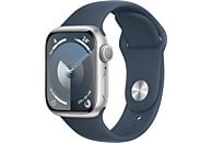 Apple Watch Series 9 (2023), GPS, 41 mm, Gesto de doble toque, Caja de aluminio plata, Correa deportiva azul tempestad, Talla S/M