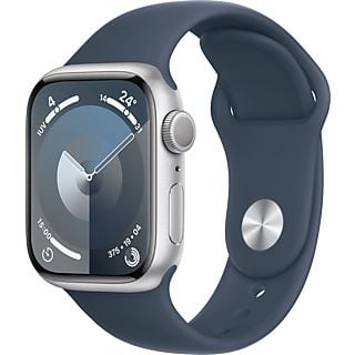 Apple Watch Series 9 (2023), GPS, 41 mm, Gesto de doble toque, Caja de aluminio plata, Correa deportiva azul tempestad, Talla M/L