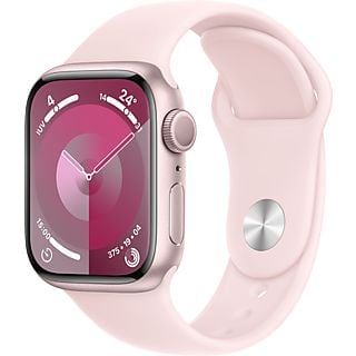 Apple Watch Series 9 (2023), GPS, 41 mm, Gesto de doble toque, Caja de aluminio rosa, Correa deportiva rosa, Talla S/M