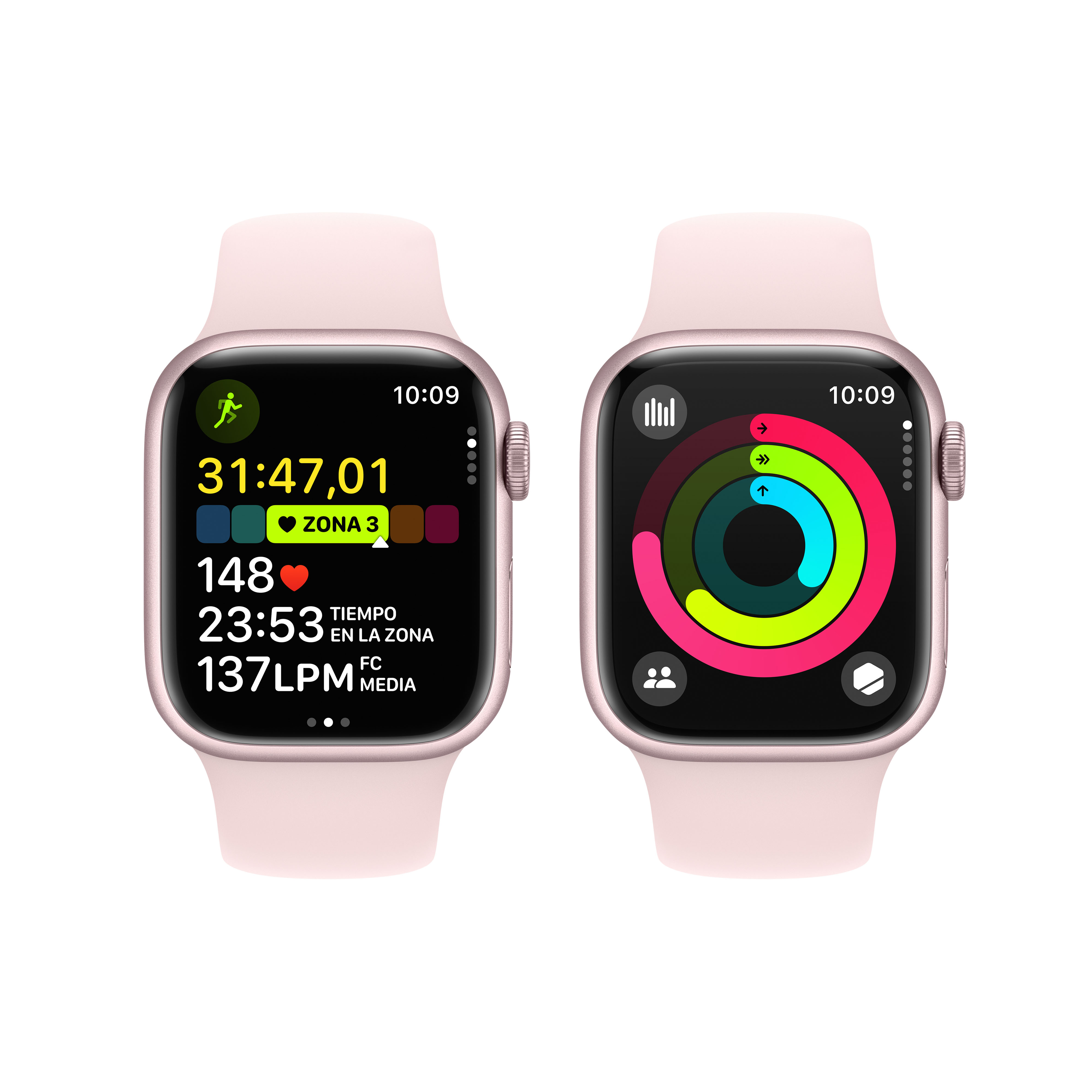Dos Apple Watches rosas lado a lado, mostrando anillos de actividad y métricas de entrenamiento.