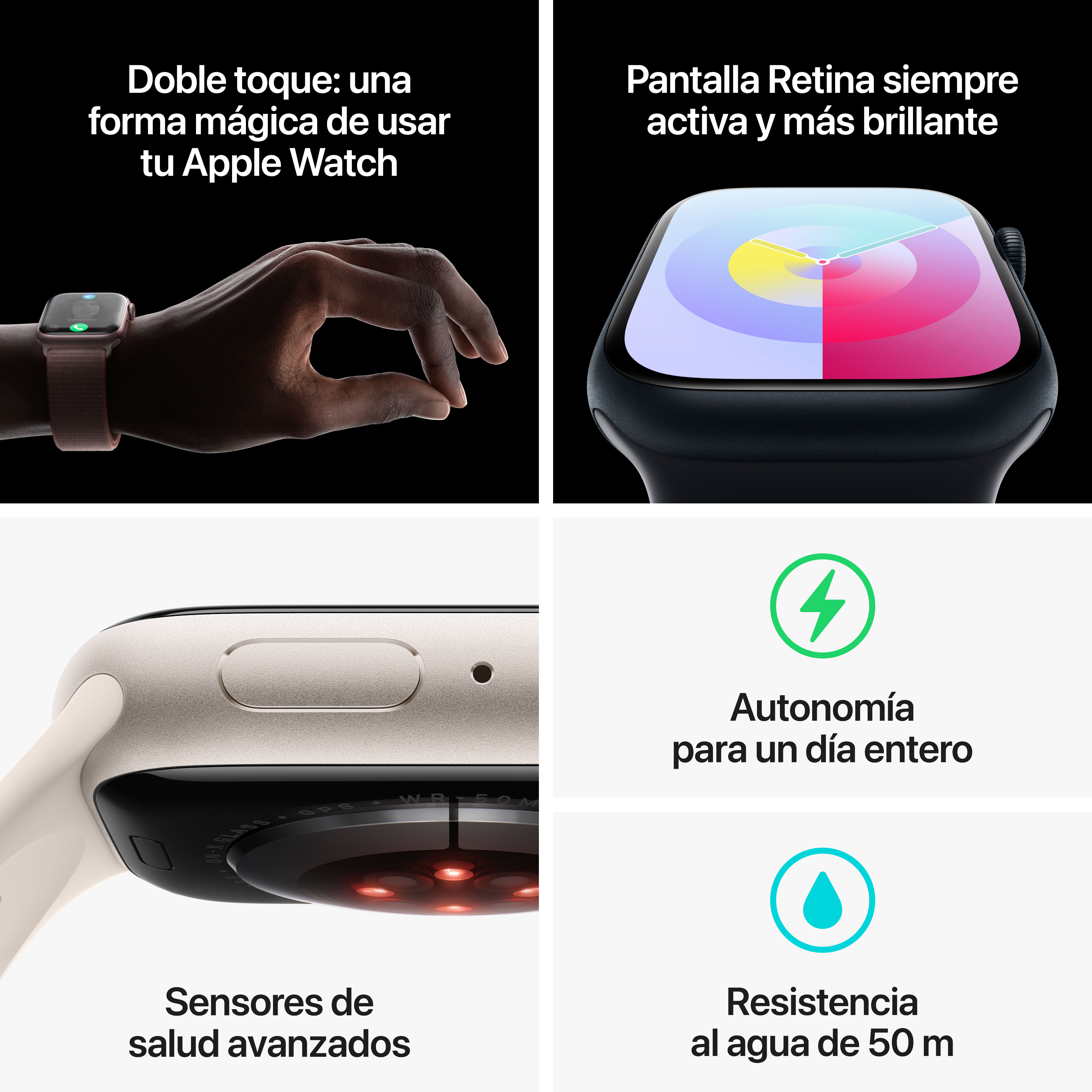 Imágenes que muestran las características del Apple Watch: toque, pantalla siempre activa, sensores de salud avanzados y resistencia al agua.