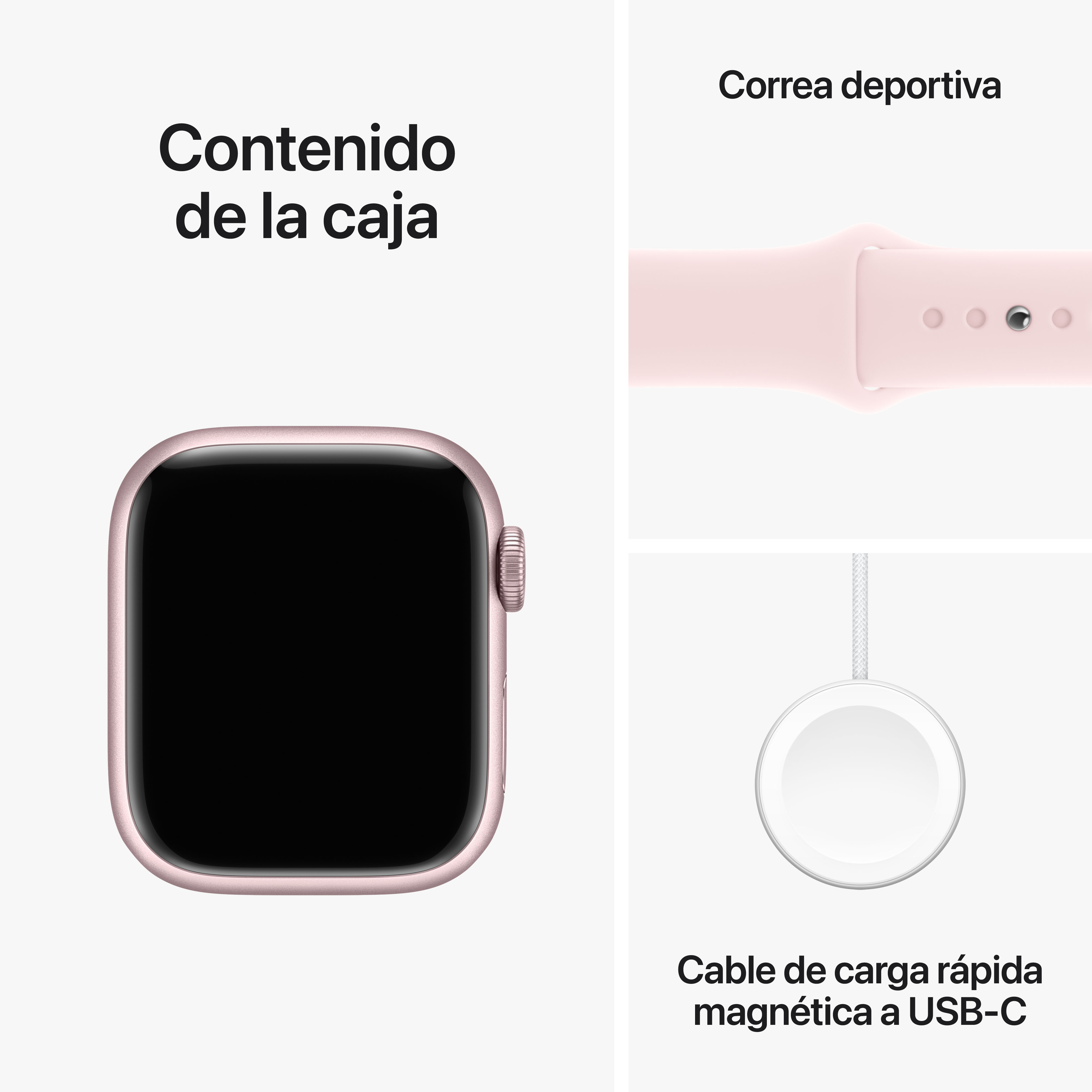 Apple Watch, rosa, con correa y cable de carga. Texto: Contenido de la caja.