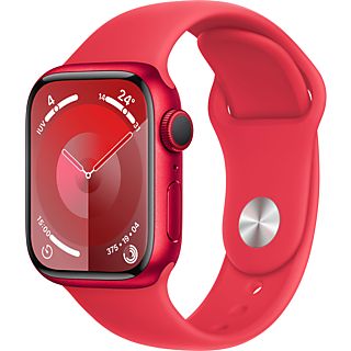 Apple Watch Series 9 (2023), GPS, 41 mm, Gesto de doble toque, Caja de aluminio roja, Correa deportiva (PRODUCT)RED, Talla S/M