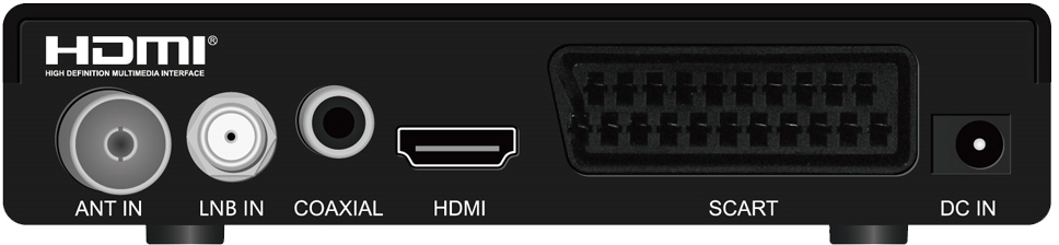 Egy fekete vevő hátlapja, amely különböző bemeneti portokat mutat, beleértve a HDMI-t és a SCART-ot.