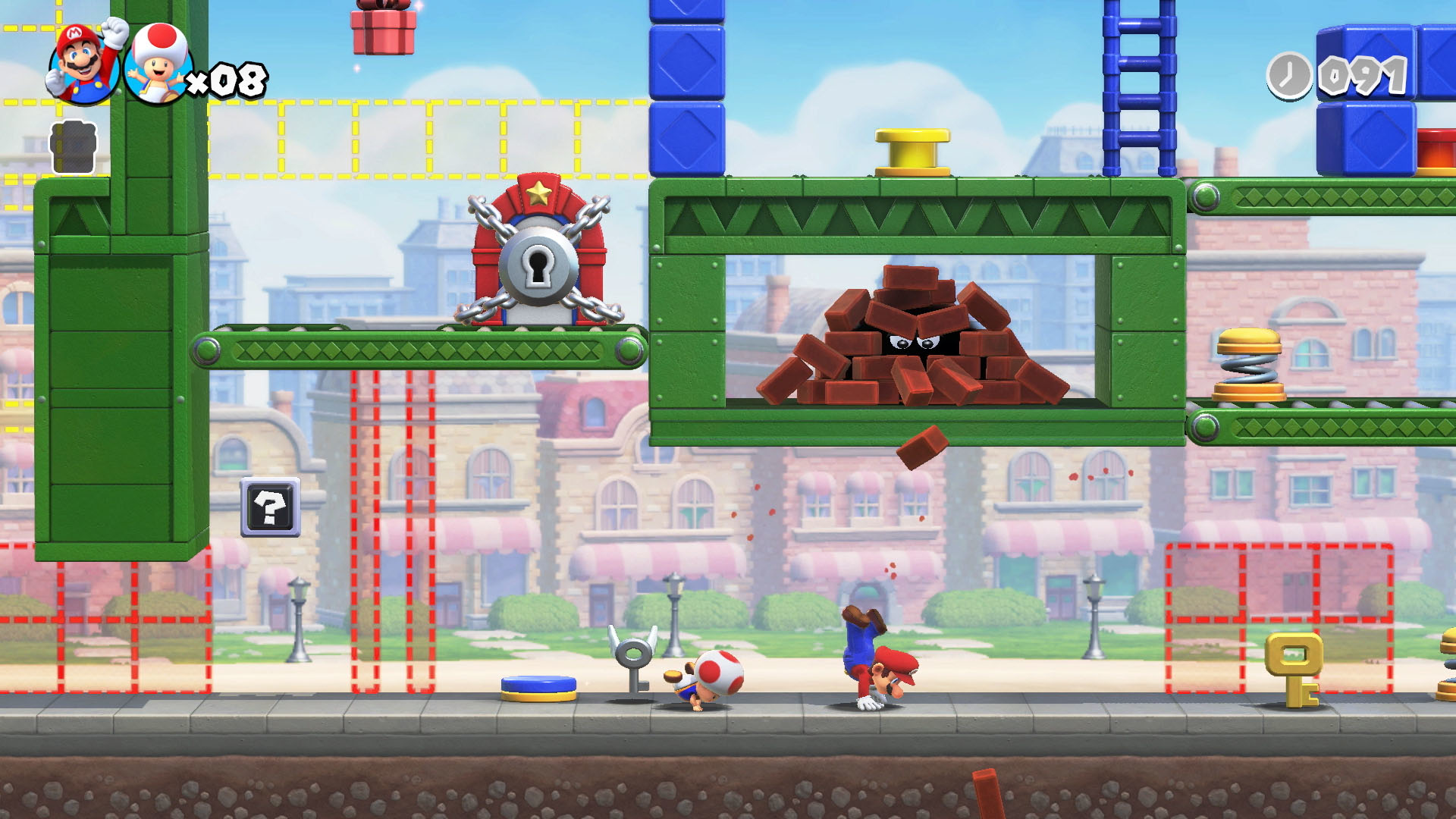 Mario-Spielszene, Mario und Toad auf einer Plattform, Blöcke im Hintergrund. Stadtansicht.