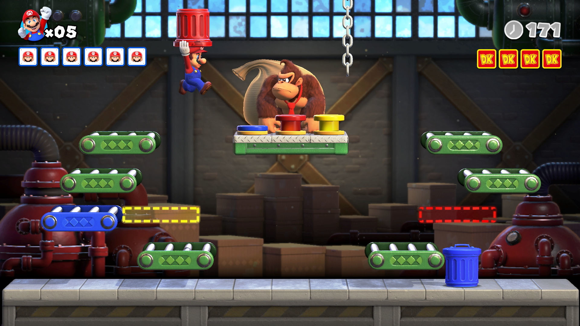 Mario und Donkey Kong in einer Videospielszen, mit Förderbändern und einer Fabrikkulisse.