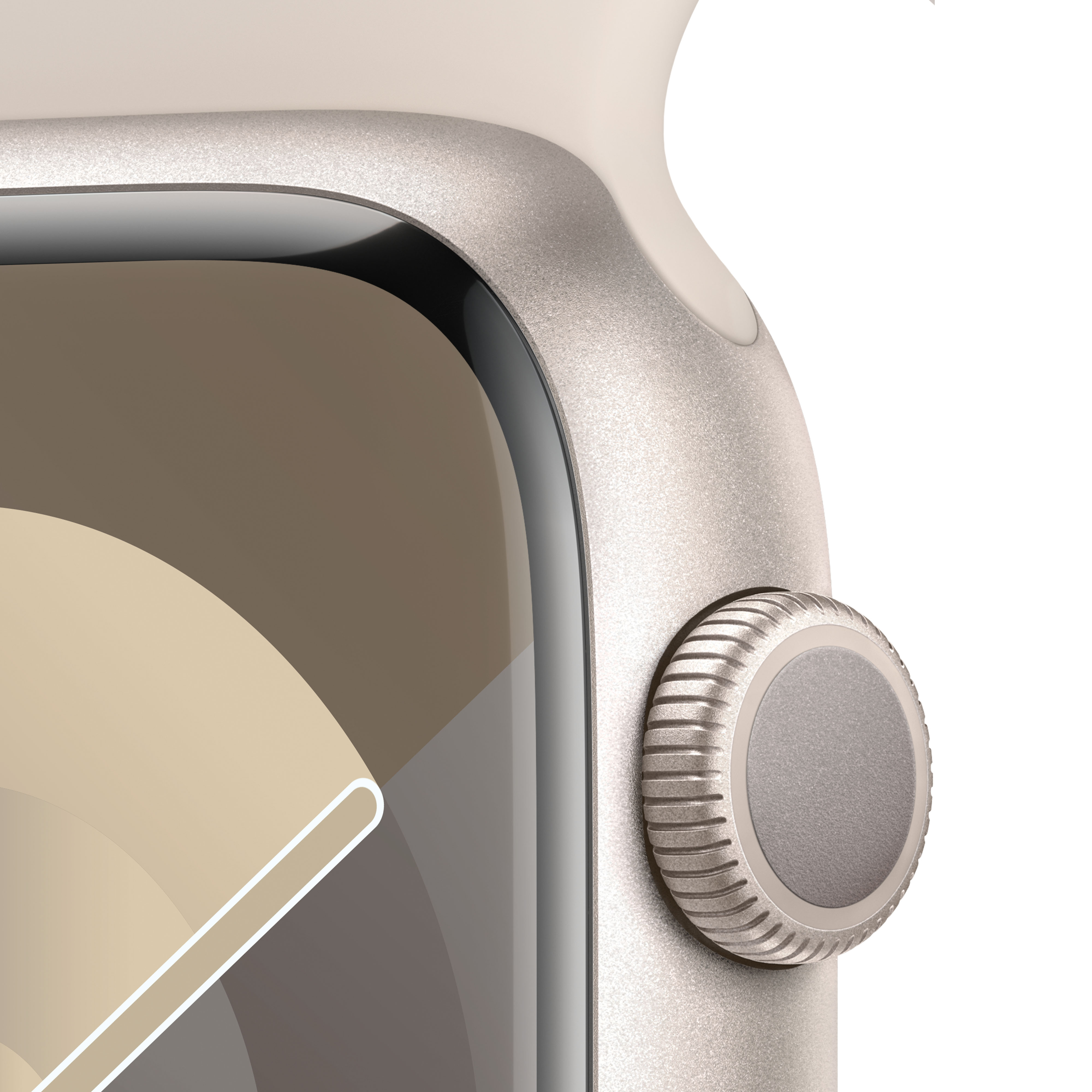 Primer plano de un reloj con cuerpo de color claro y corona plateada.