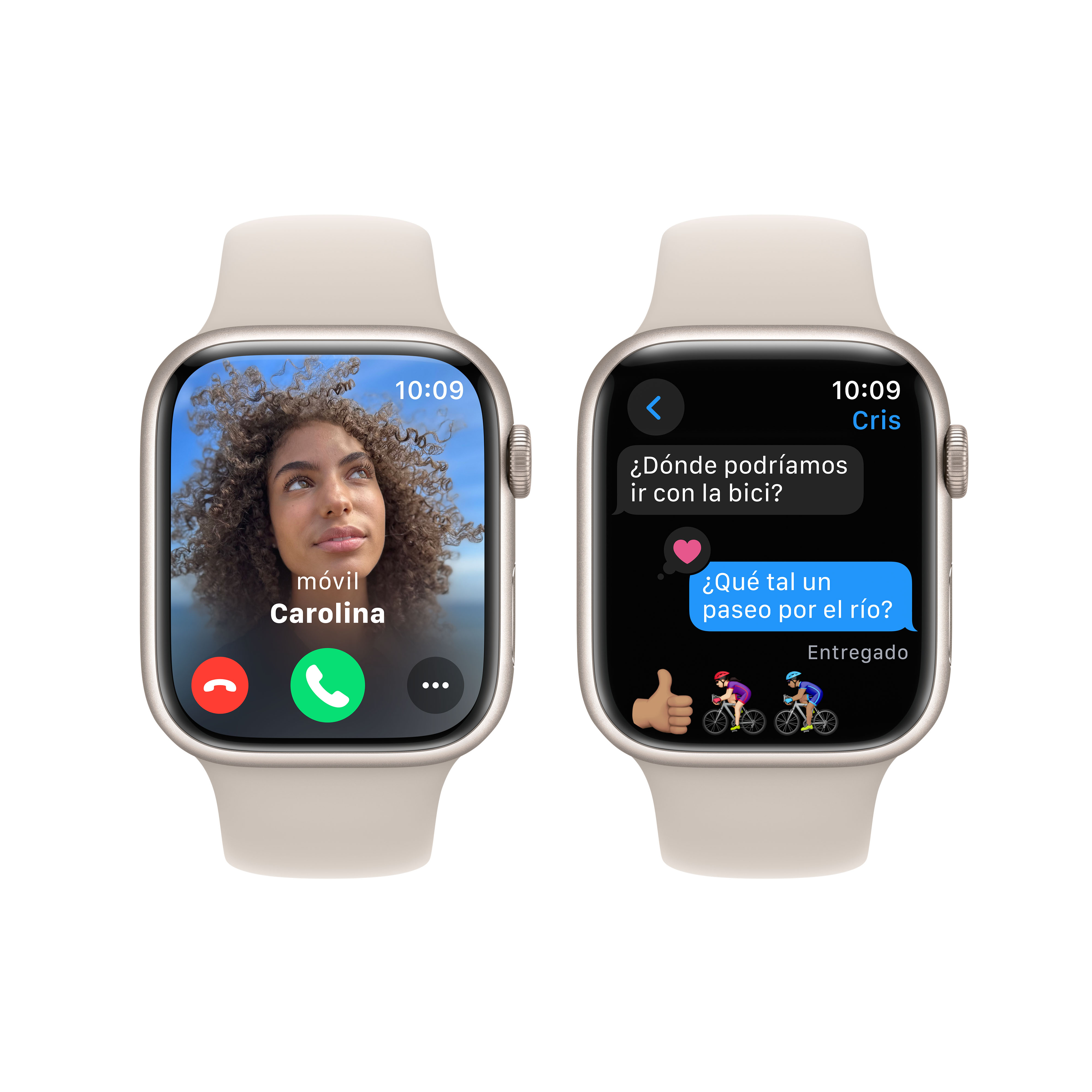 Dos smartwatches sobre un fondo blanco. Uno muestra una videollamada, el otro un mensaje de texto.