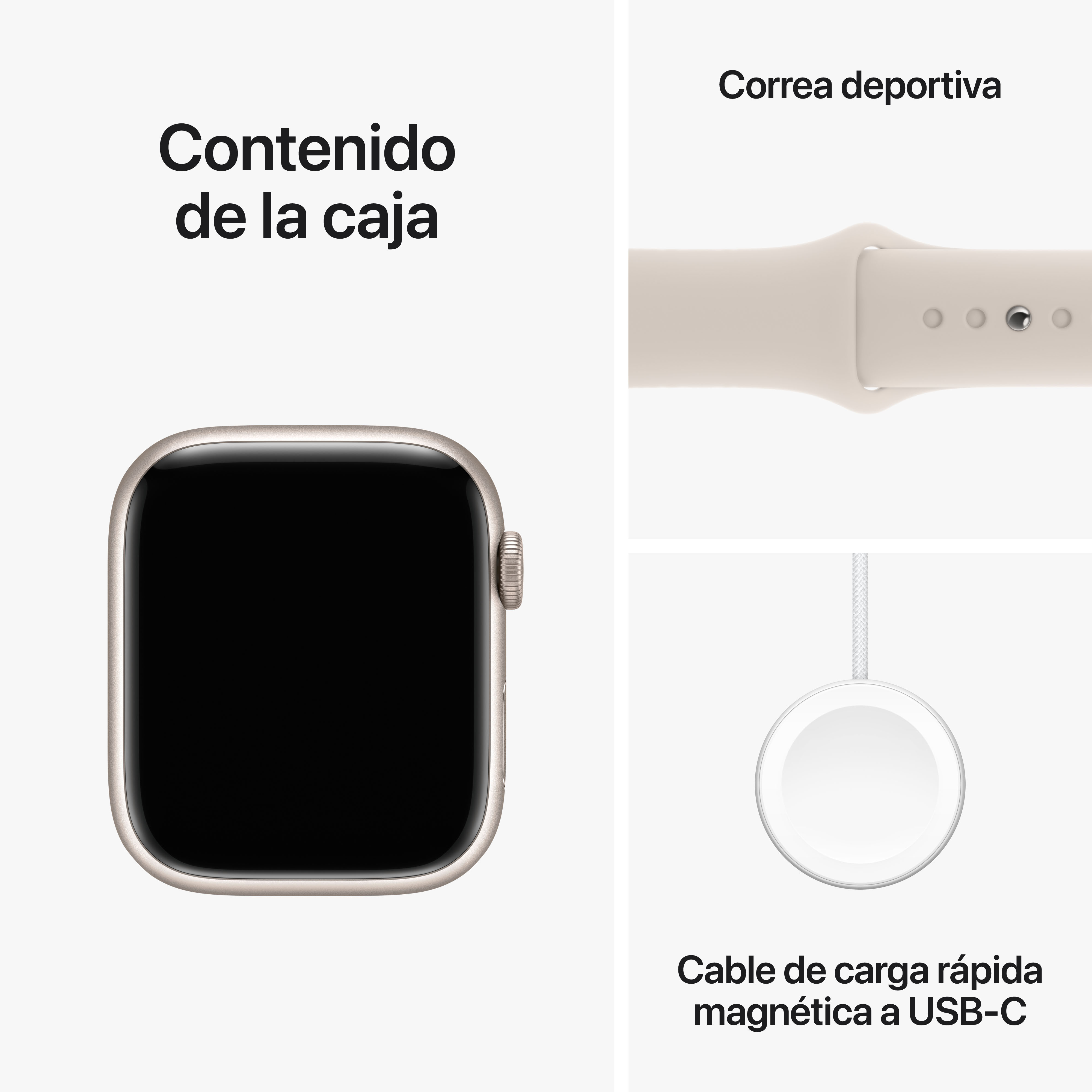 Apple Watch, correa deportiva y cargador. Fondo blanco. Contenido de la caja.