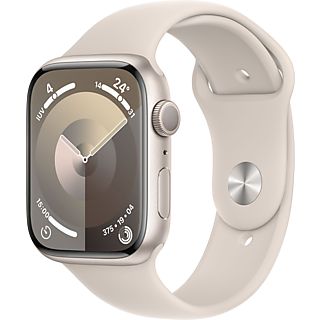 Apple Watch Series 9 (2023), GPS, 45 mm, Gesto de doble toque, Caja de aluminio blanco estrella, Correa deportiva blanco estrella, Talla S/M