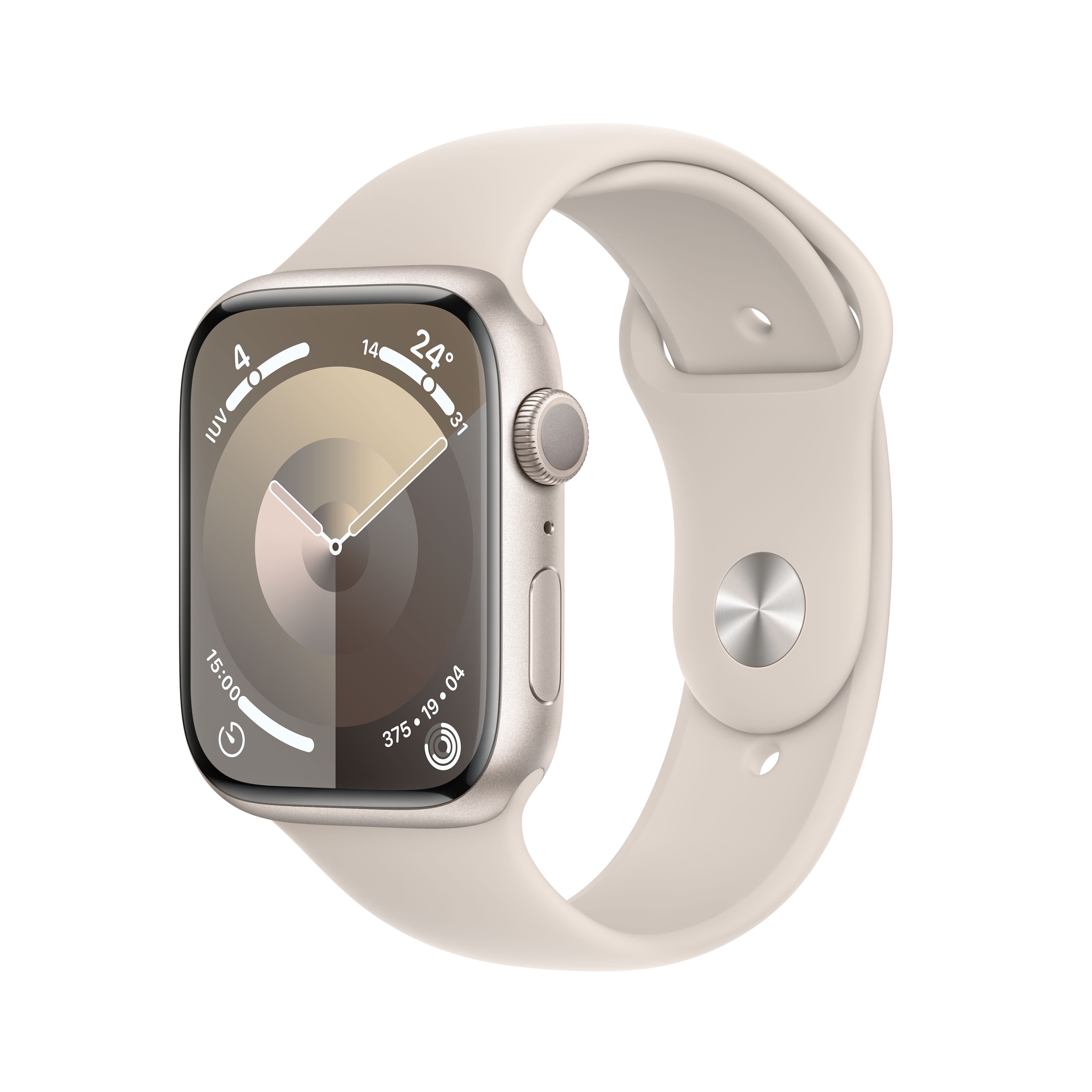 Un Apple Watch con correa beige y marco plateado. La pantalla muestra la hora.
