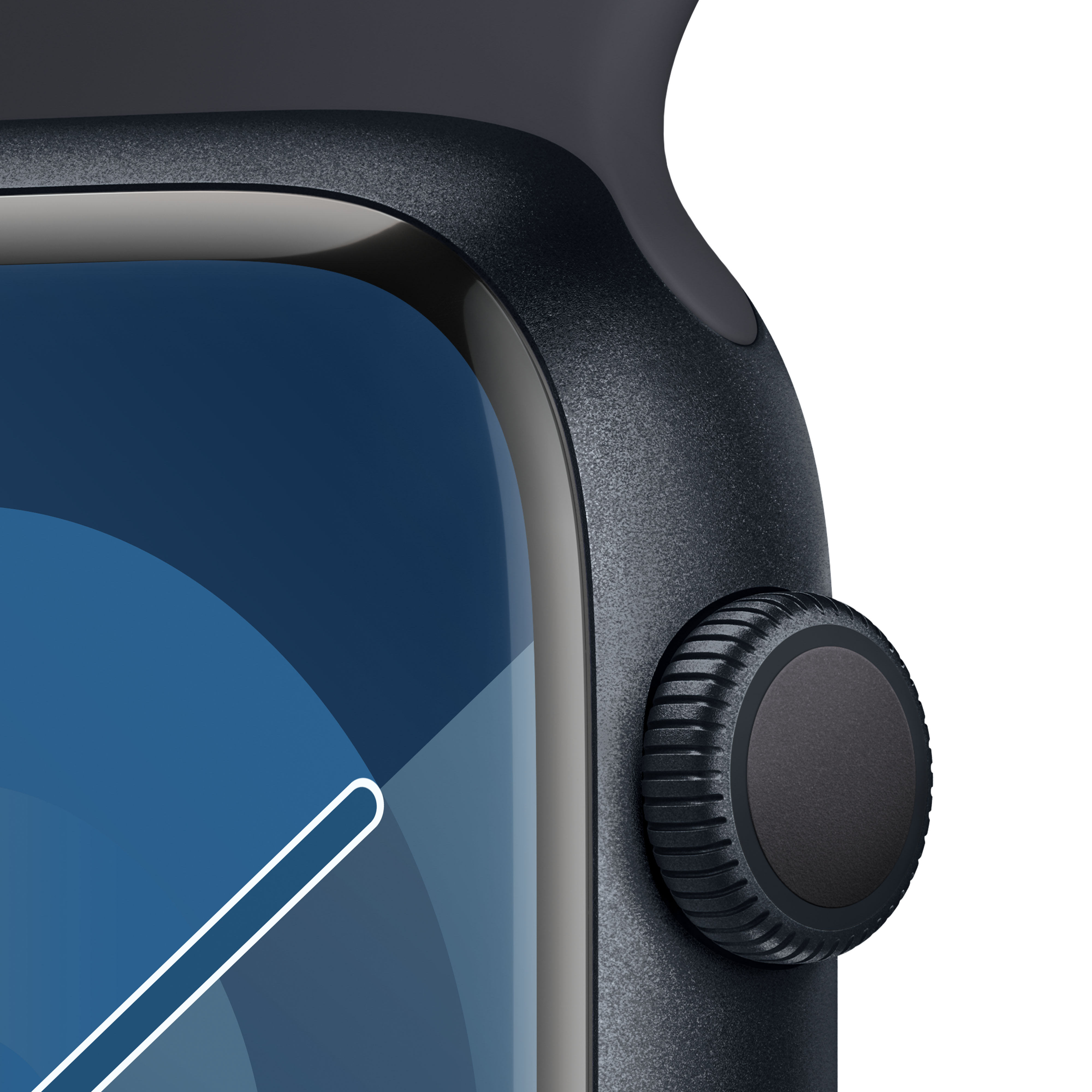 Primer plano de un Apple Watch azul oscuro con la corona digital en el lateral. Fondo blanco.