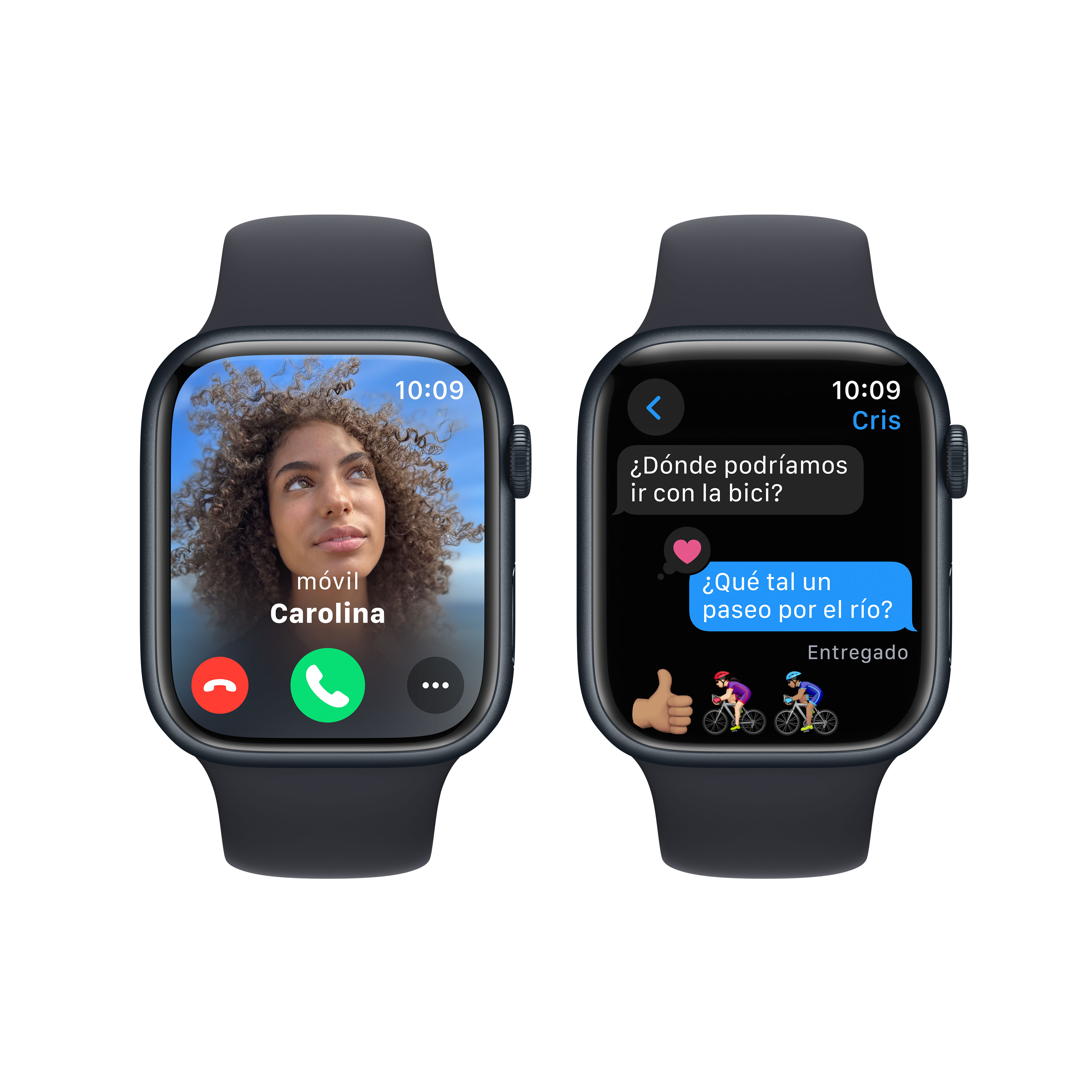 Dos smartwatches que muestran una videollamada y un mensaje de texto.