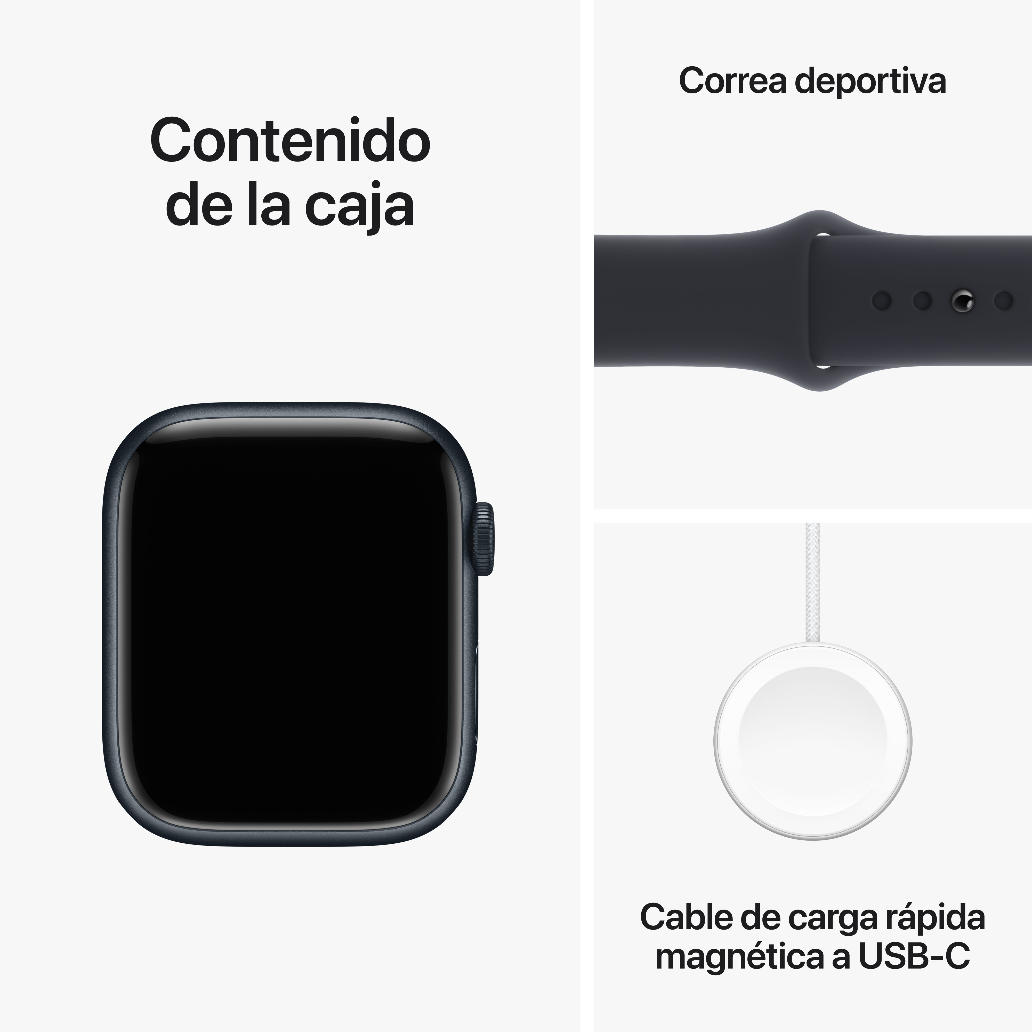 Un Apple Watch con correa deportiva azul marino, cable de carga y esfera.