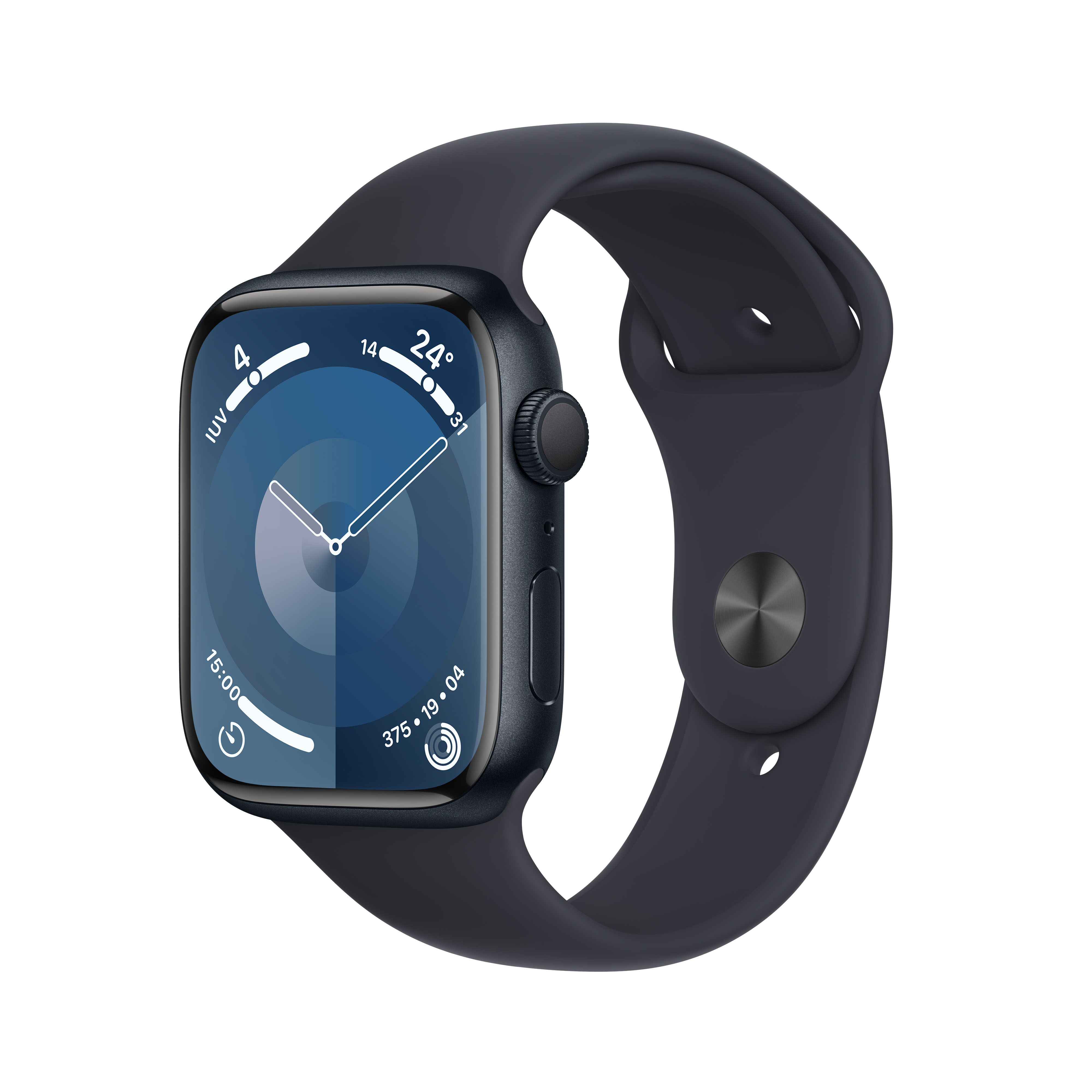 Apple Watch negra con correa negra, la esfera muestra la hora y la fecha.