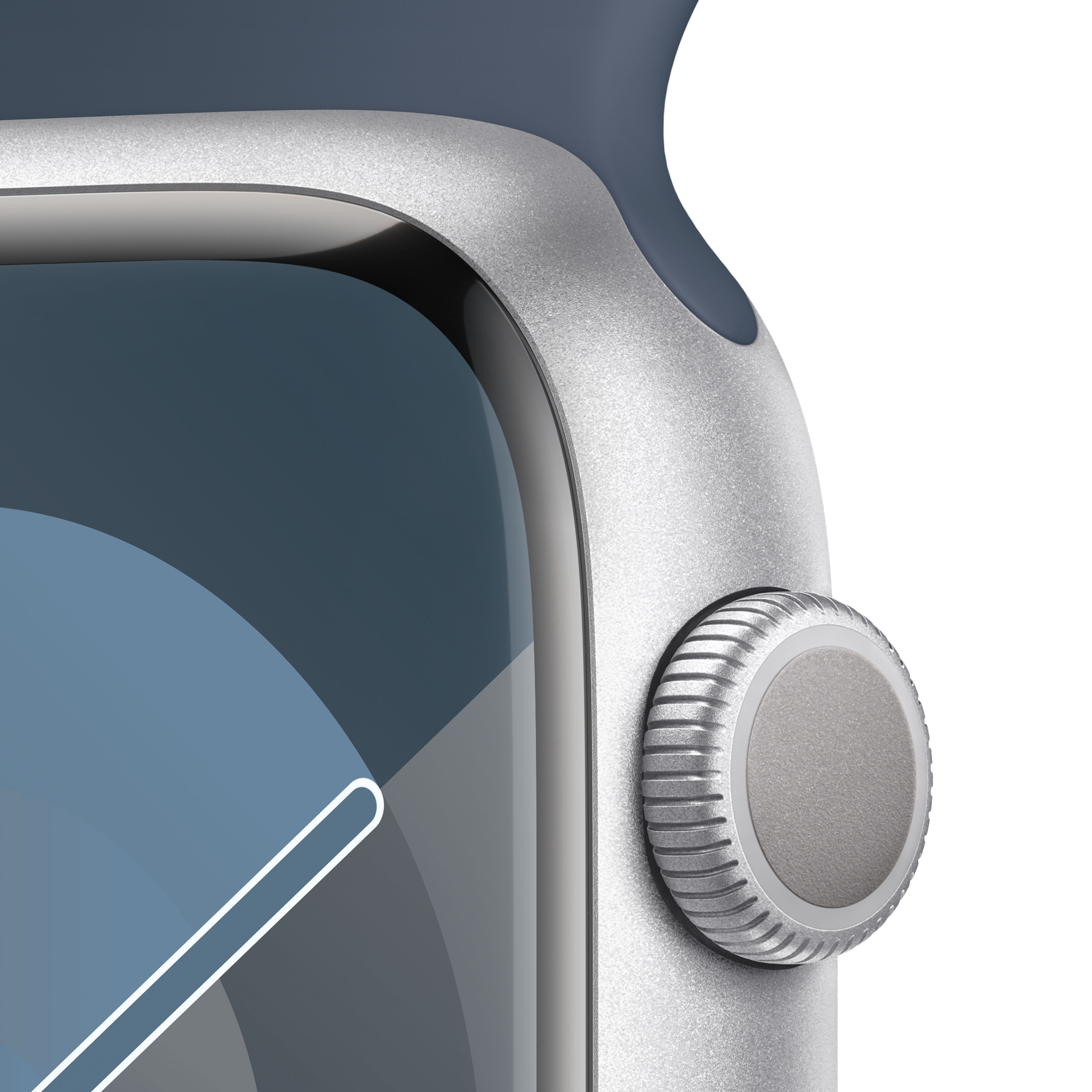 Primer plano de un Apple Watch plateado con pantalla azul y botón lateral plateado.