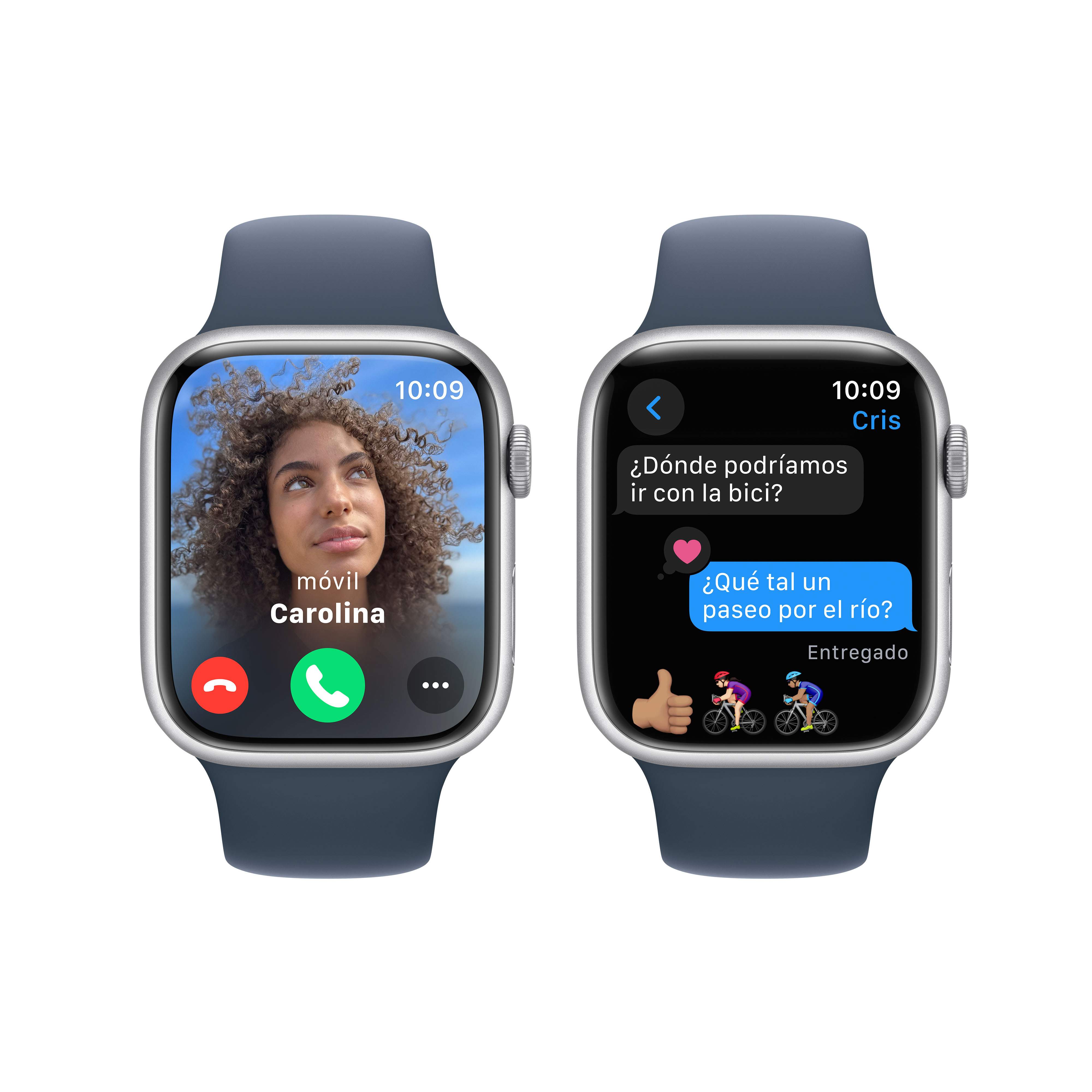 Dos Apple Watches sobre un fondo blanco. Uno muestra una llamada, el otro mensajes de texto.