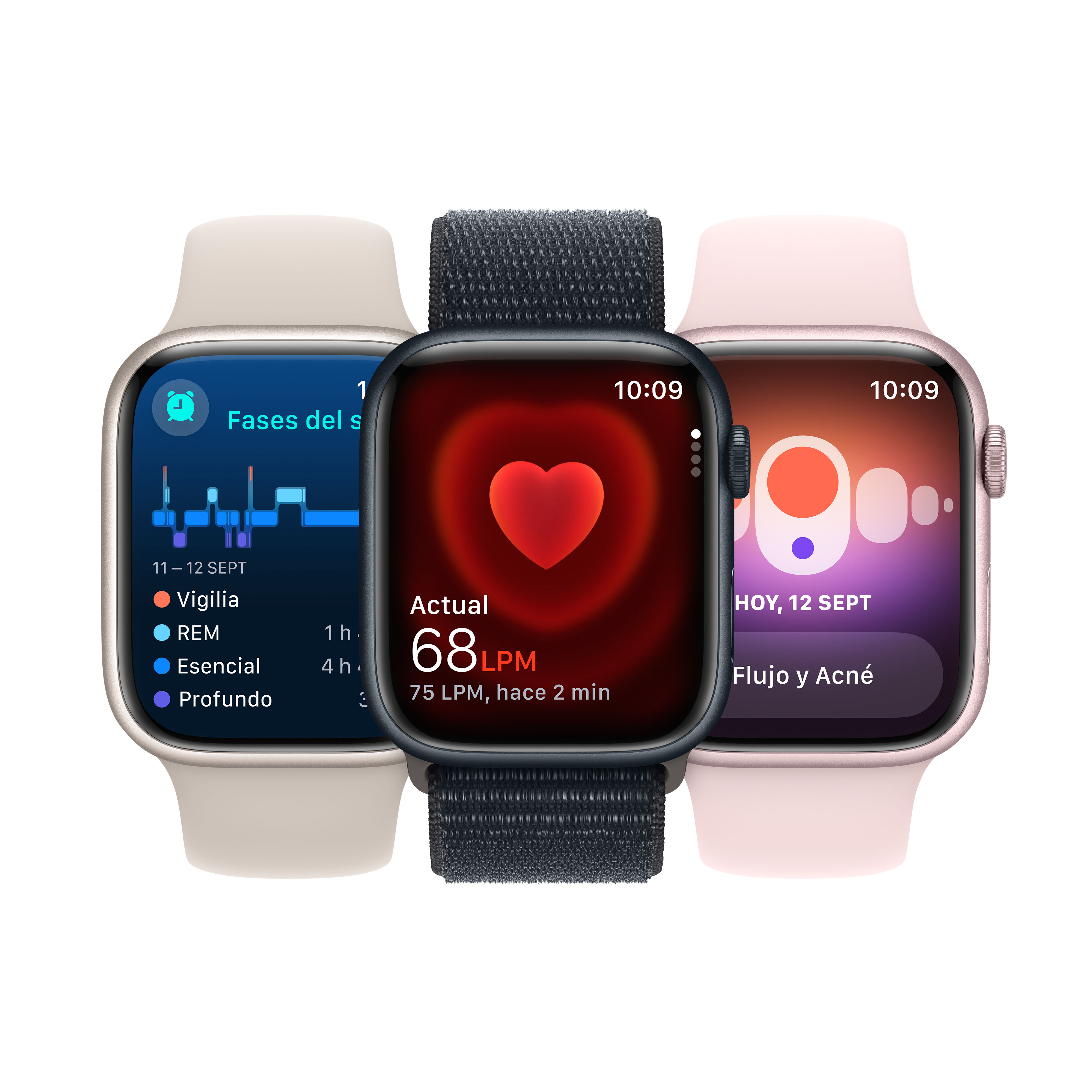 Tres Apple Watches. Cada pantalla muestra diferentes métricas de salud: fases del sueño, frecuencia cardíaca y condición de la piel.