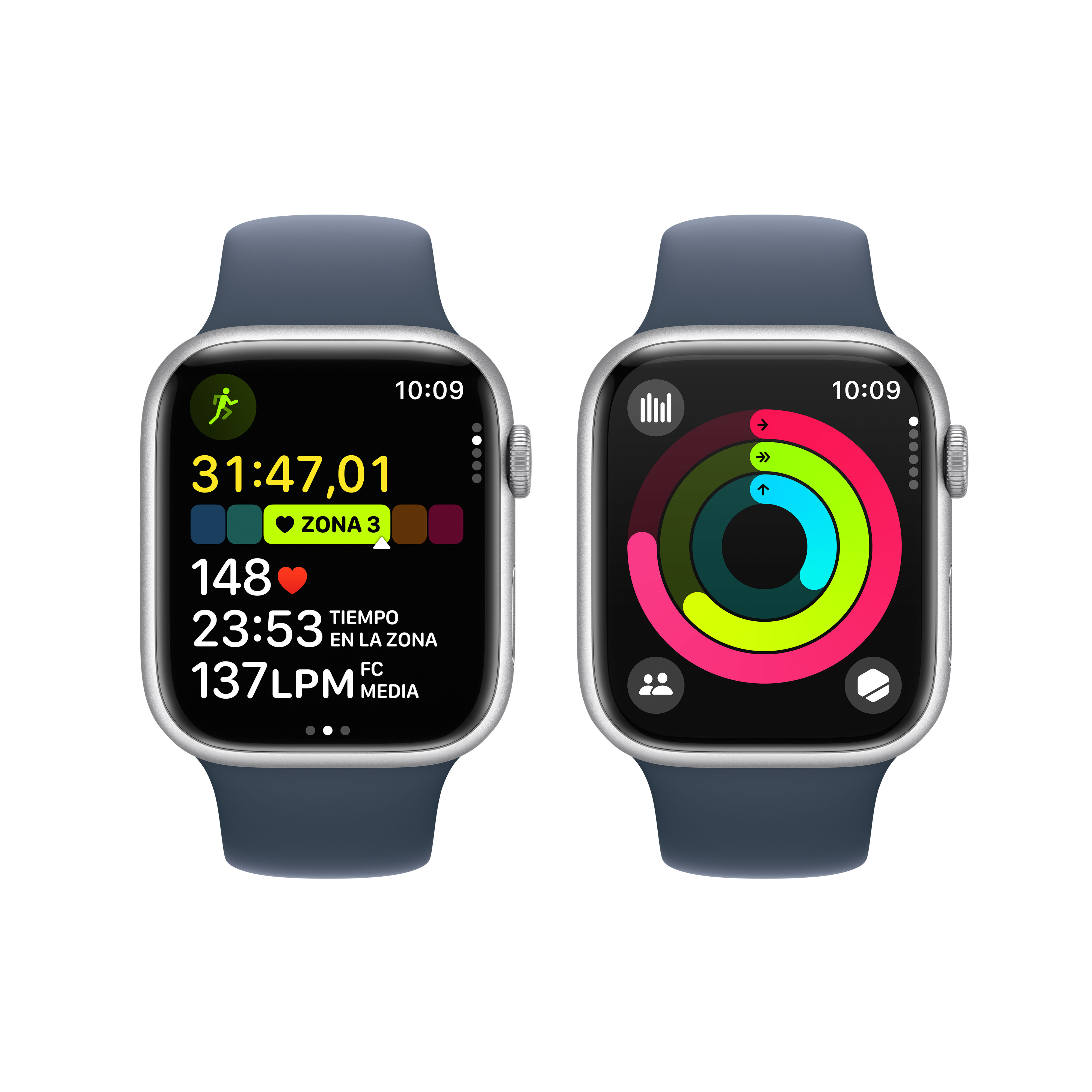 Dos Apple Watches mostrando datos de entrenamiento y anillos de actividad en correas azules.