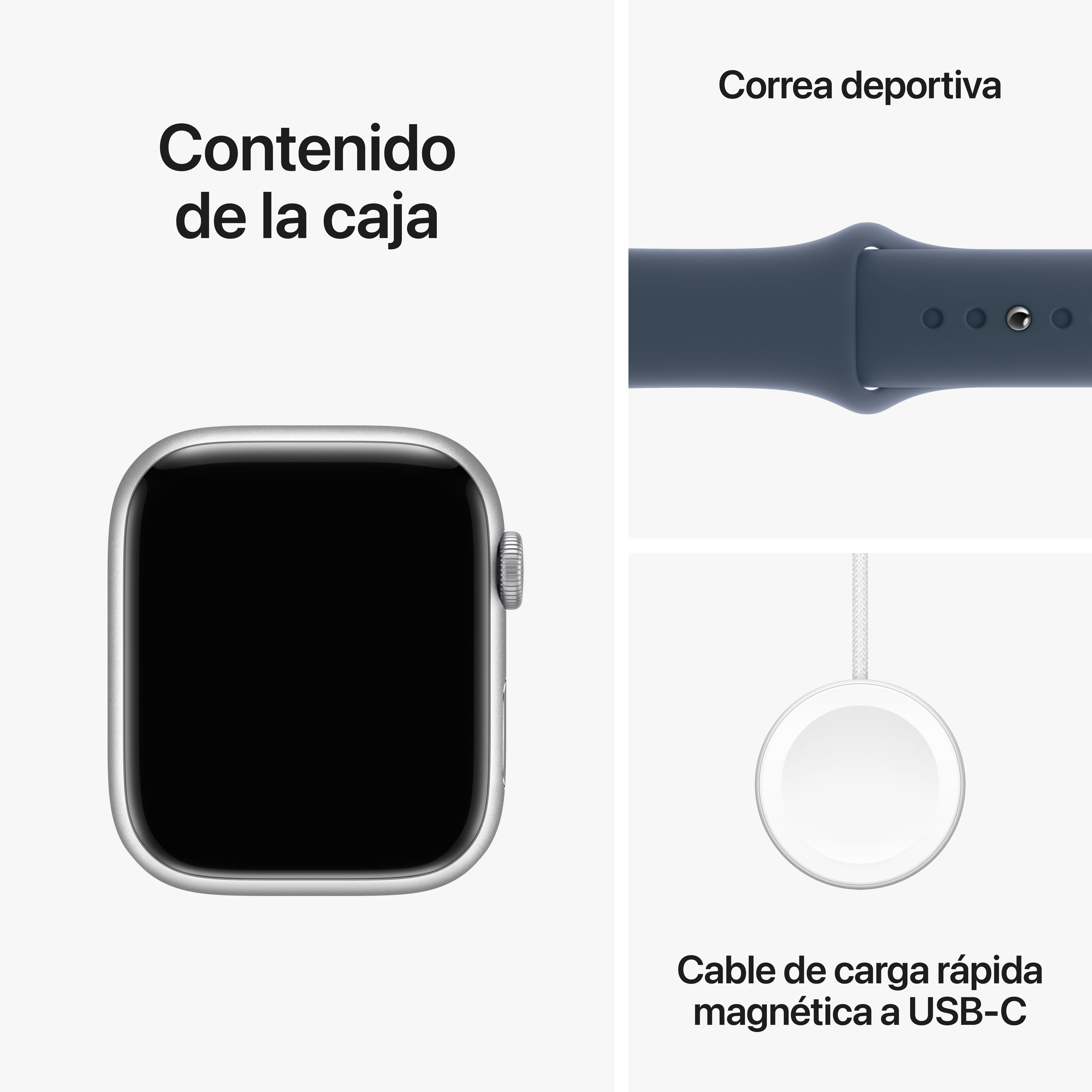 Apple Watch con accesorios: correa azul, cable de carga y esfera del reloj.