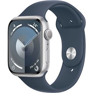 Apple Watch Series 9 (2023), GPS, 45 mm, Gesto de doble toque, Caja de aluminio plata, Correa deportiva azul tempestad, Talla S/M