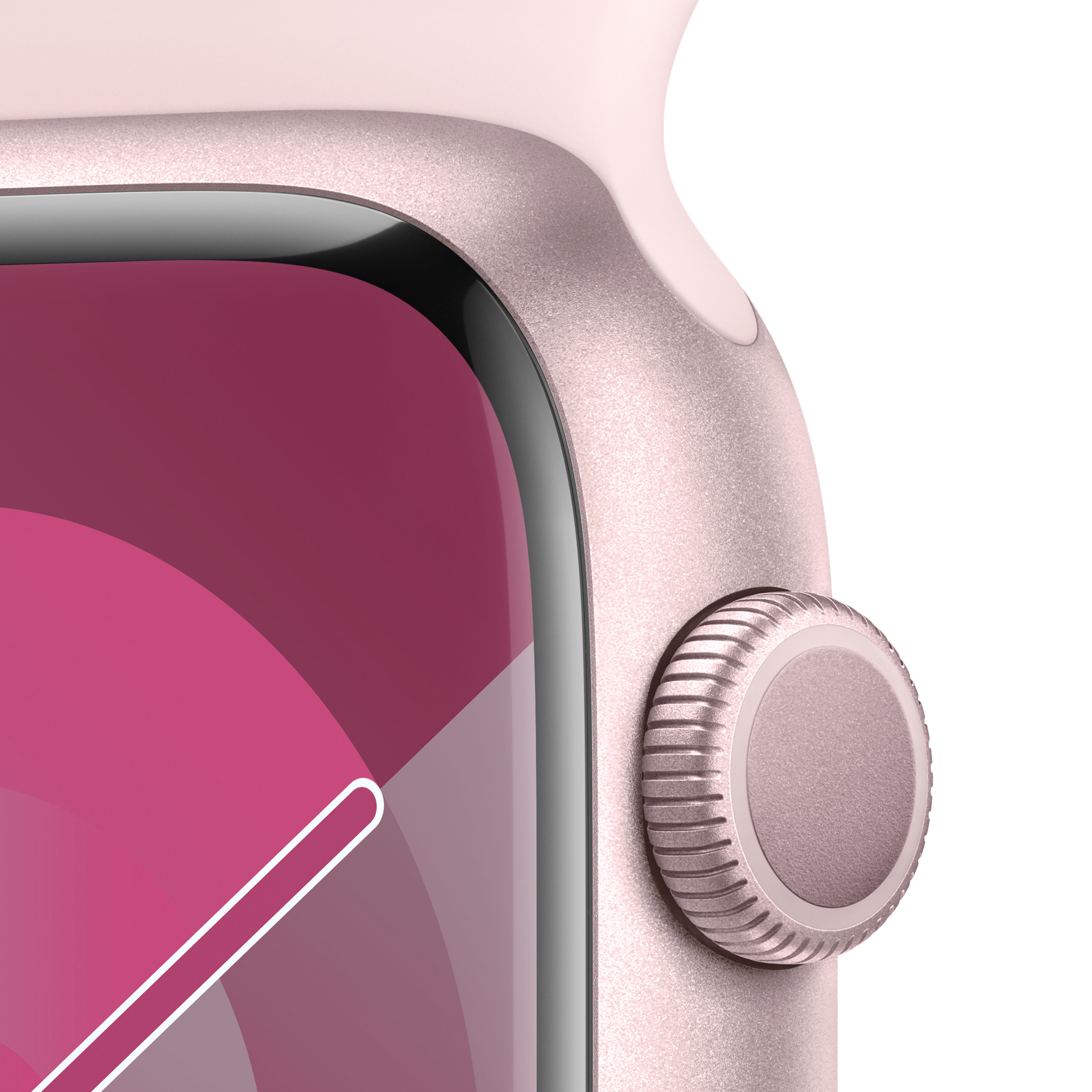Primer plano de un Apple Watch rosa con su botón lateral, mostrando la pantalla.