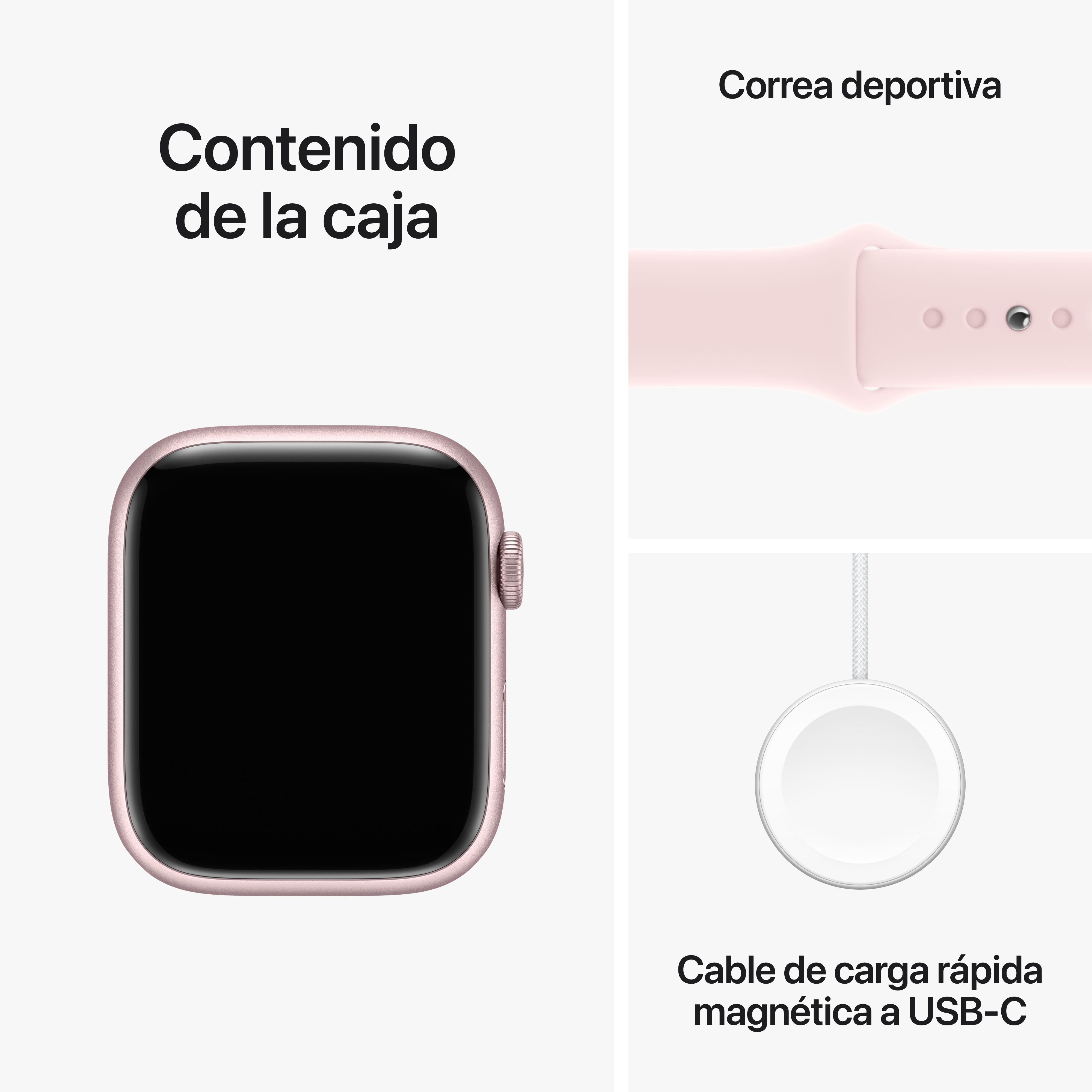 Contenido de la caja del Apple Watch. Reloj, correa rosa y cable de carga sobre fondo blanco.