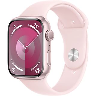 Apple Watch Series 9 (2023), GPS, 45 mm, Gesto de doble toque, Caja de aluminio rosa, Correa deportiva rosa, Talla S/M