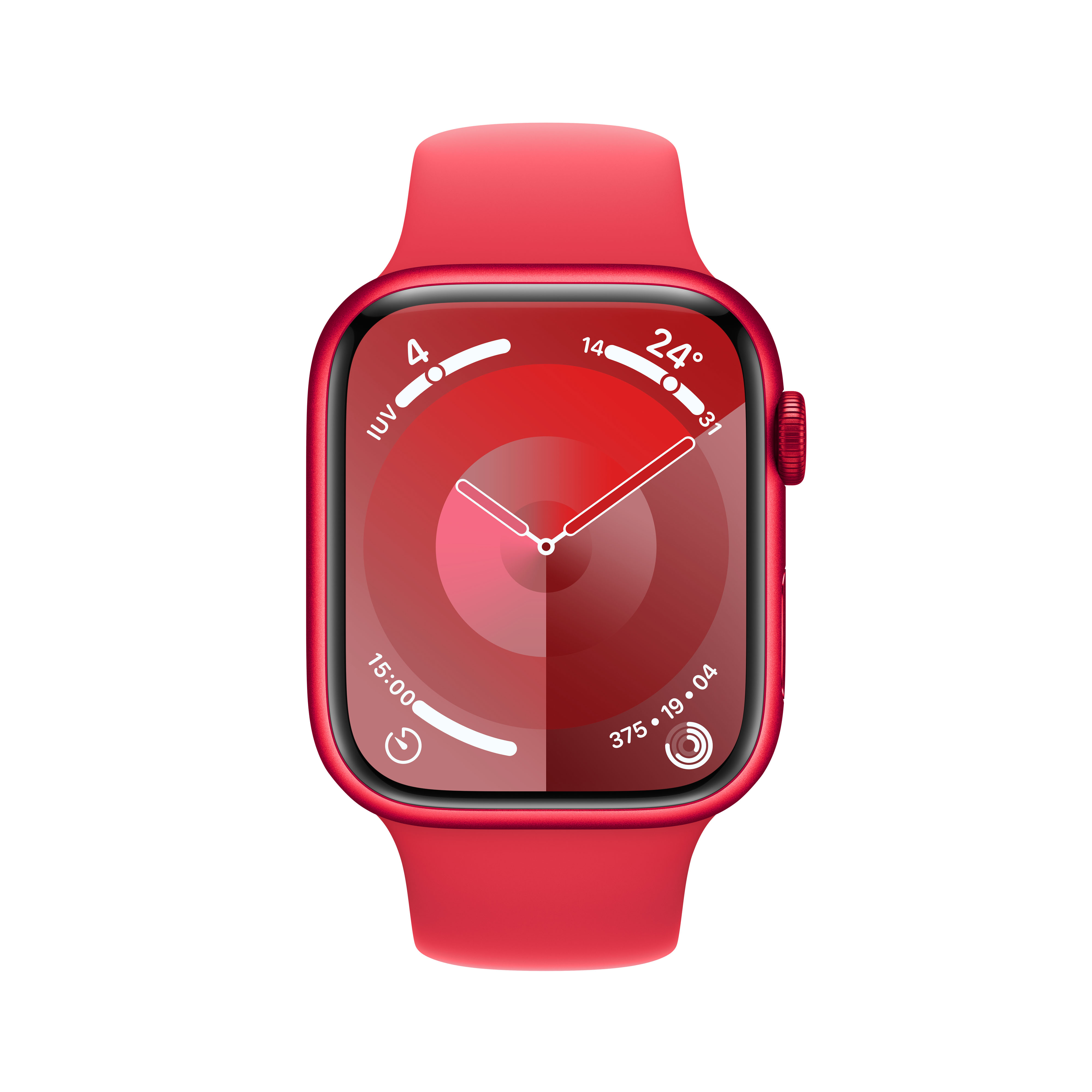 Un Apple Watch rojo con correa roja, mostrando una esfera temática roja con detalles de tiempo y actividad.