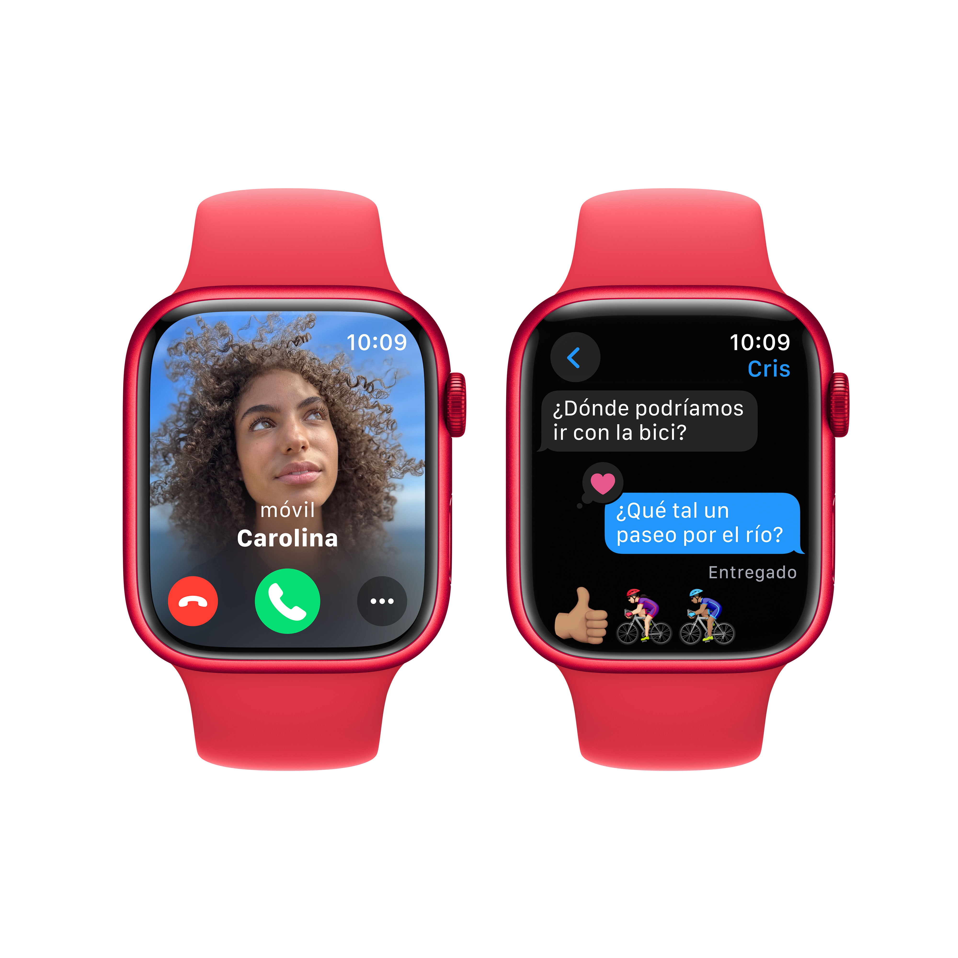 Apple Watch rojo mostrando videollamada de Carolina. Dos relojes muestran conversación de texto.